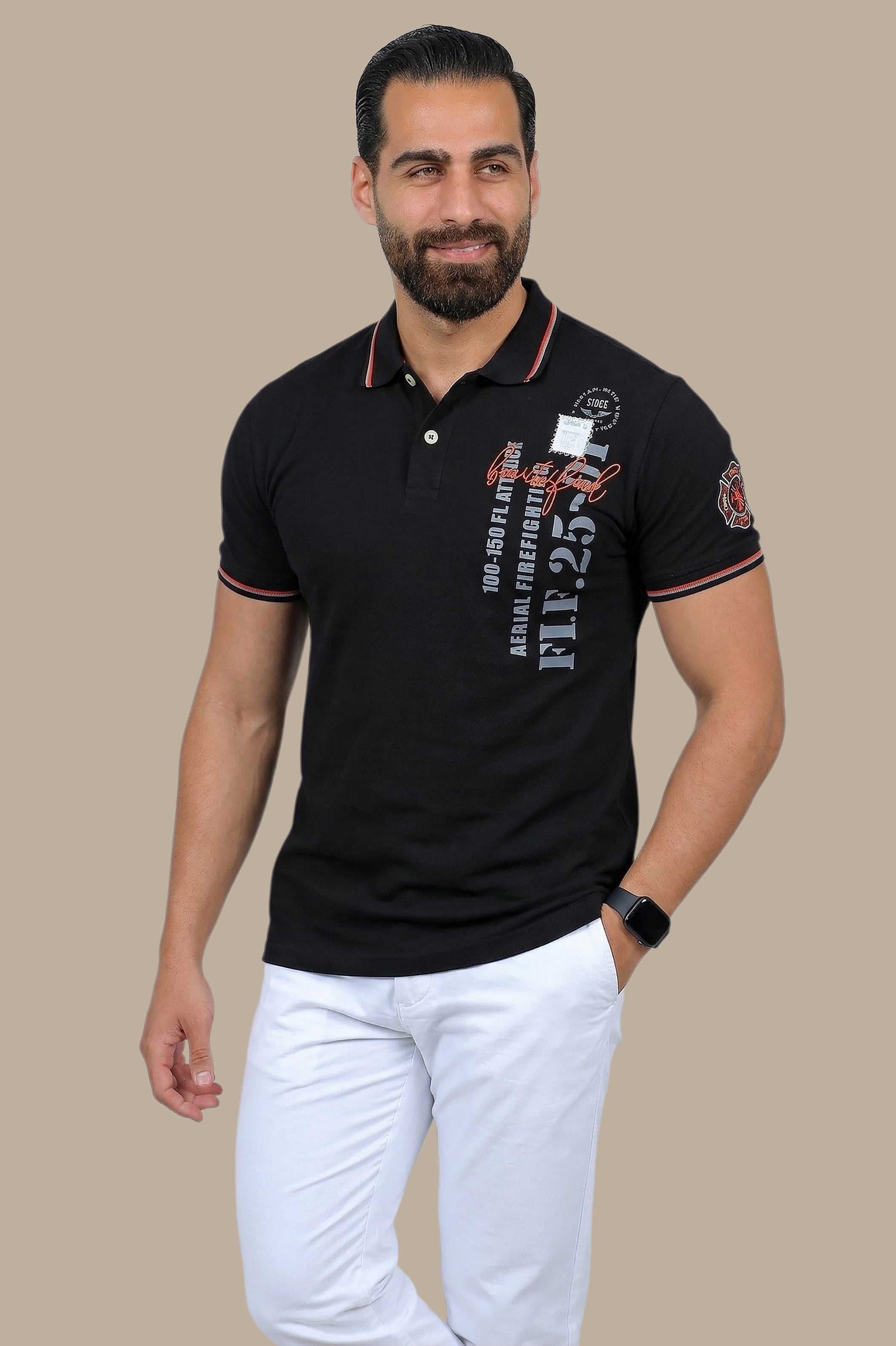 Chic Canvas: Black Polo with Beautiful Printed Patches