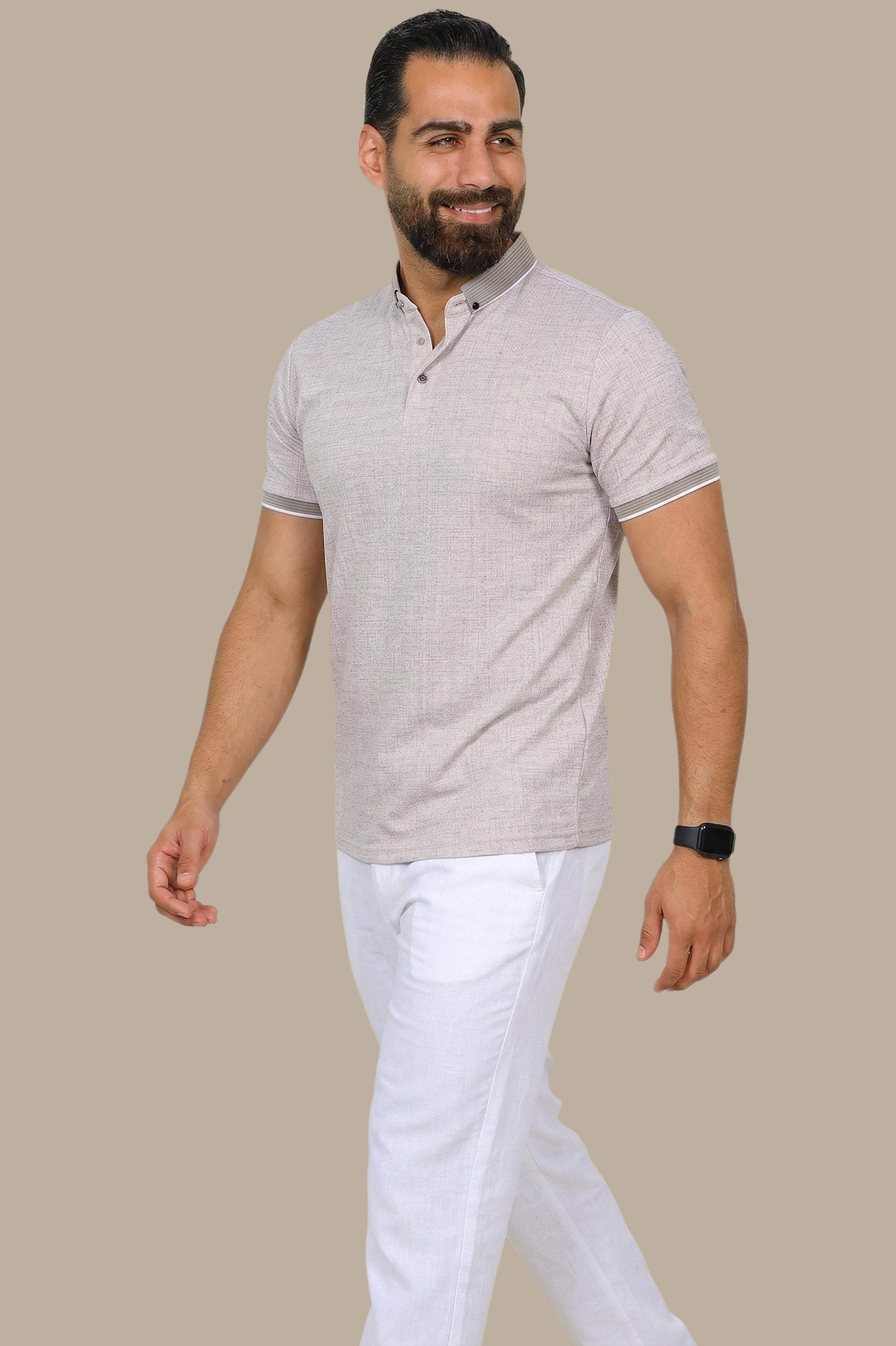 Beige Polo Short Sleeve Structured Button-Down