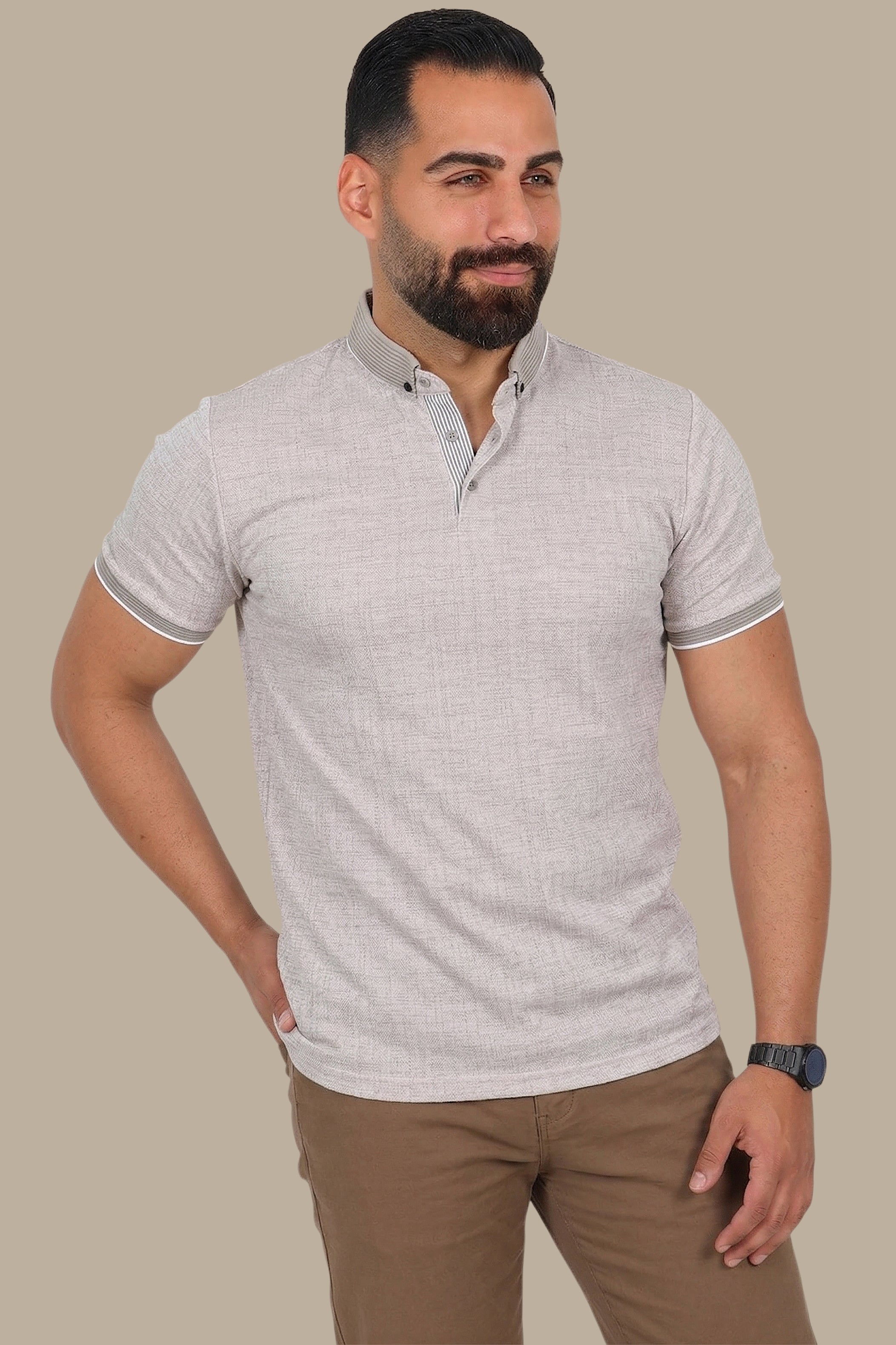 Beige Polo Short Sleeve Structured Button-Down