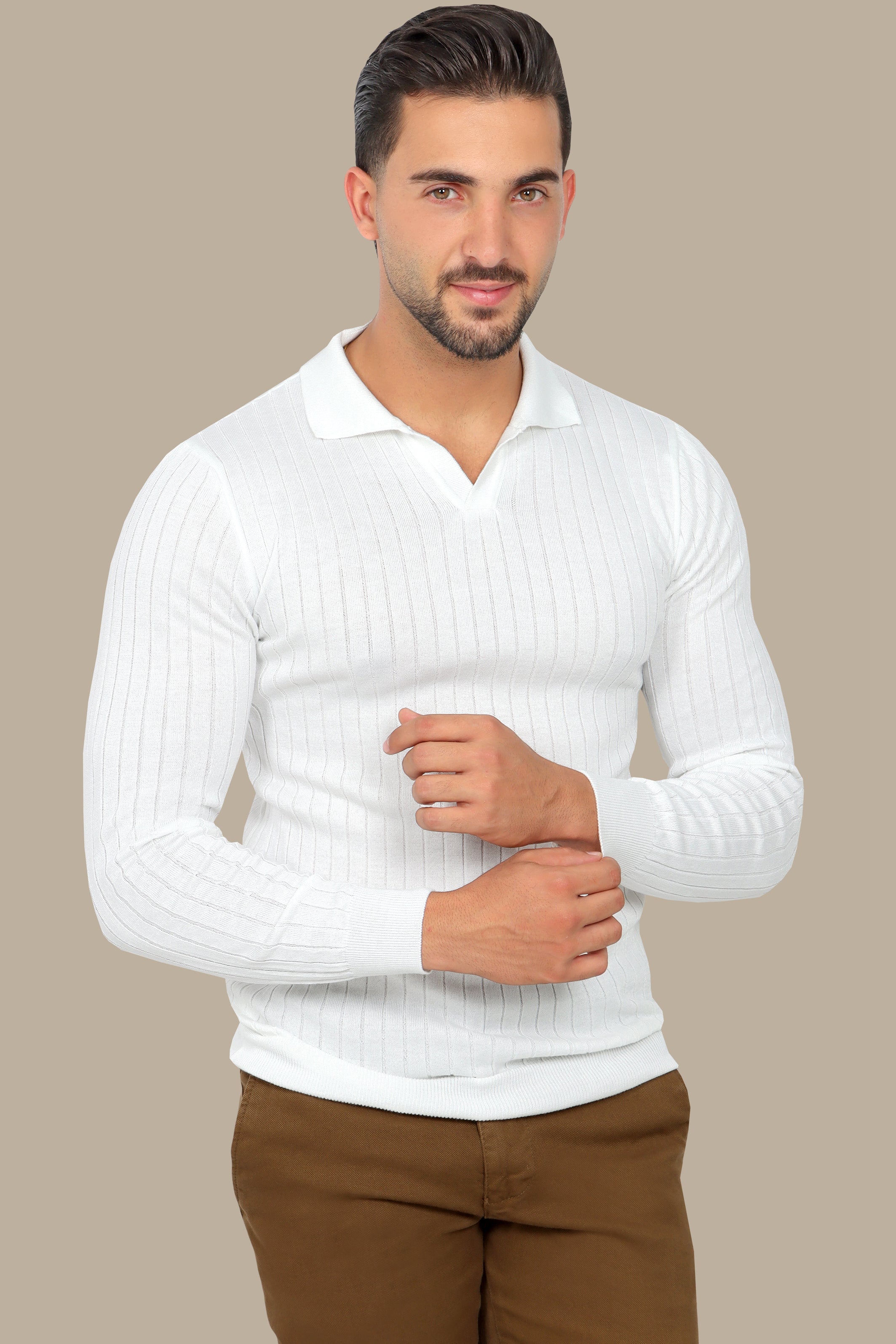 White Basic Polo with Vertical Lines