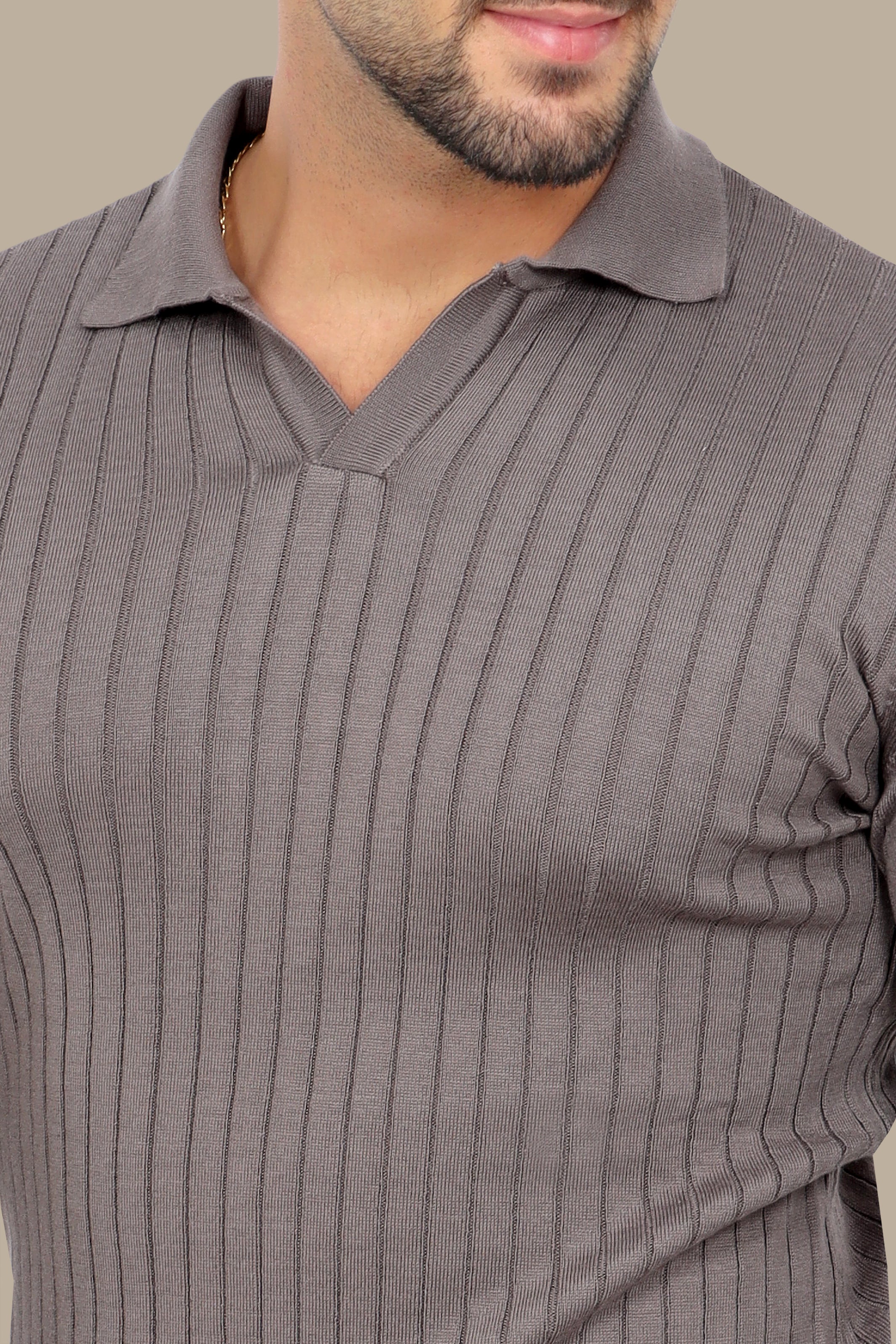 Beige Basic Polo with Vertical Lines