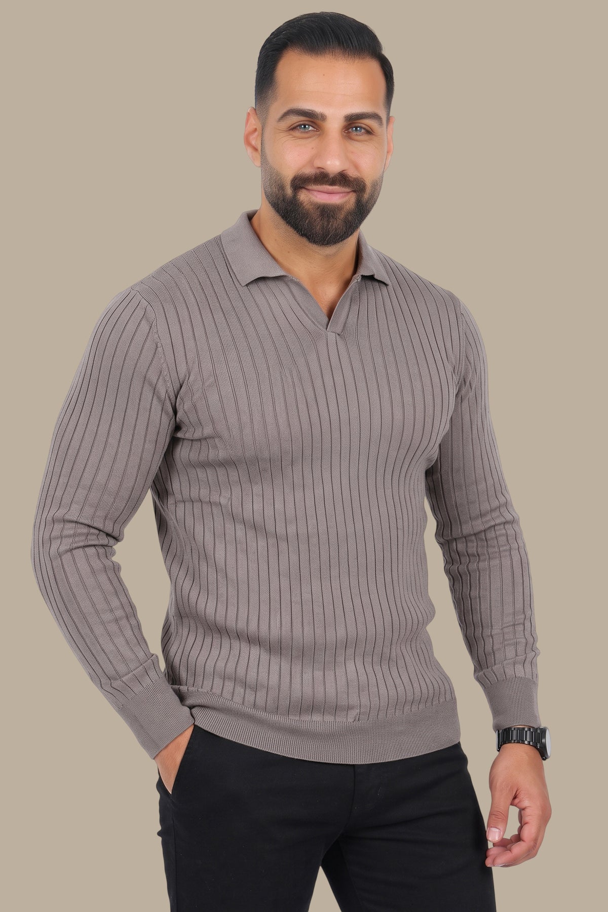 Beige Basic Polo with Vertical Lines