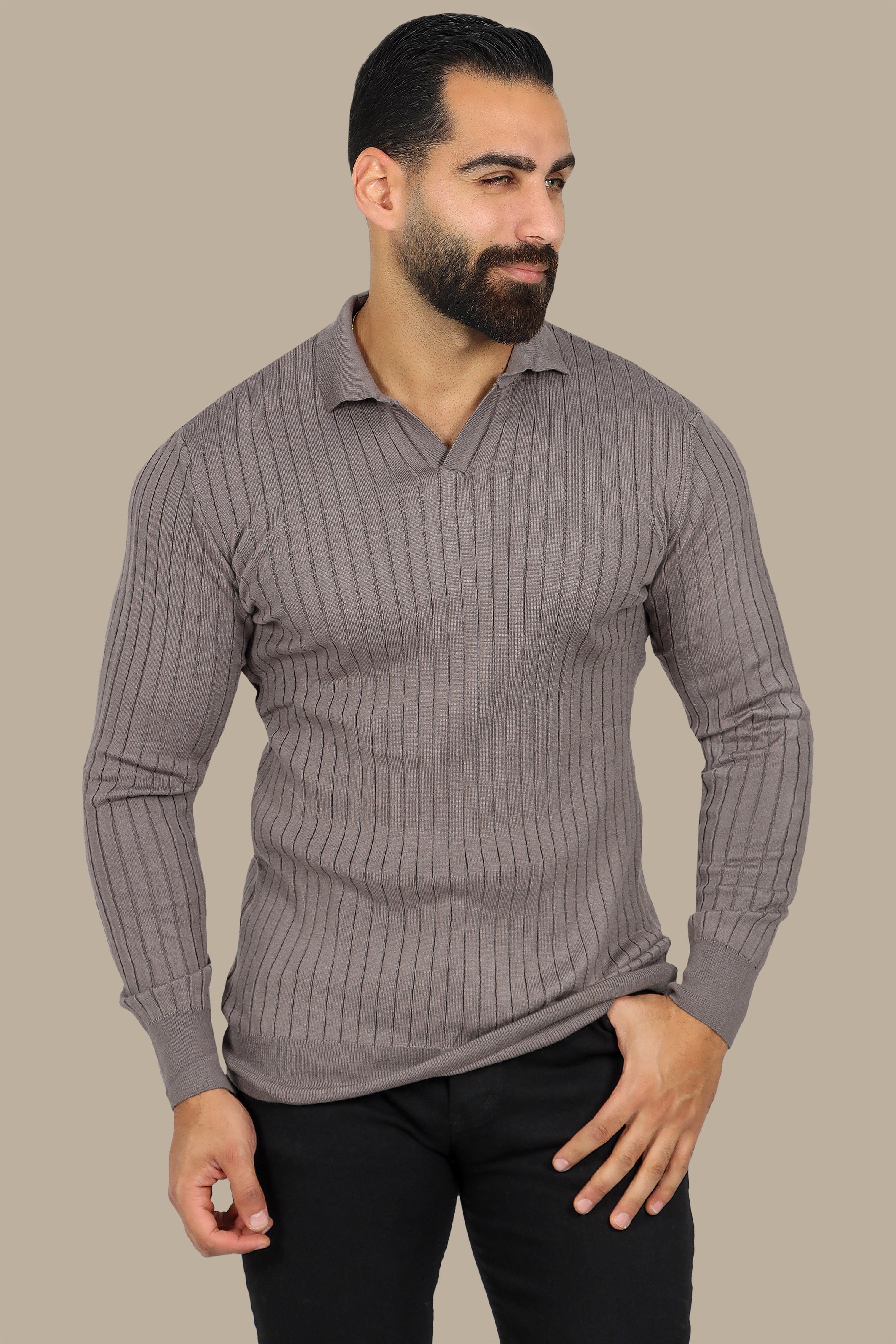 Beige Basic Polo with Vertical Lines