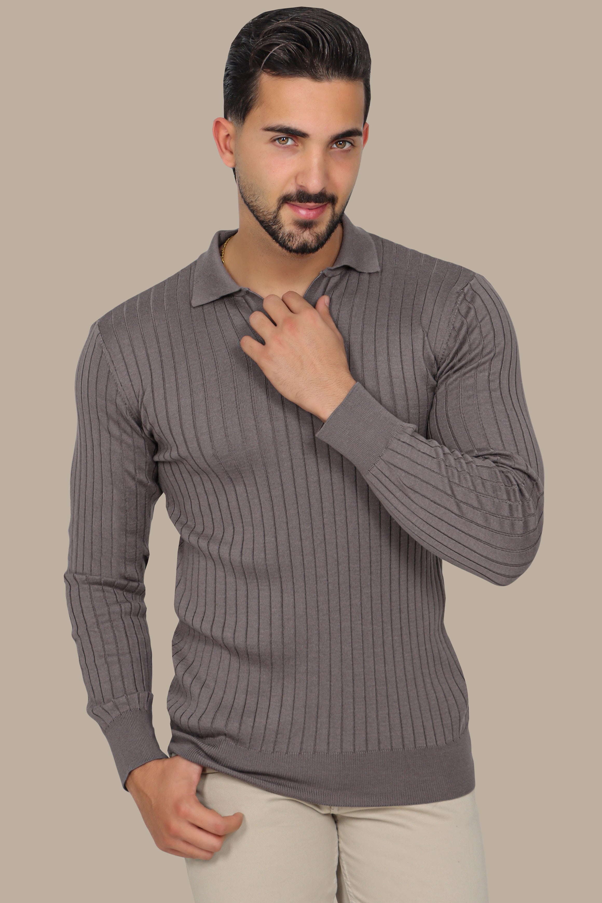 Beige Basic Polo with Vertical Lines