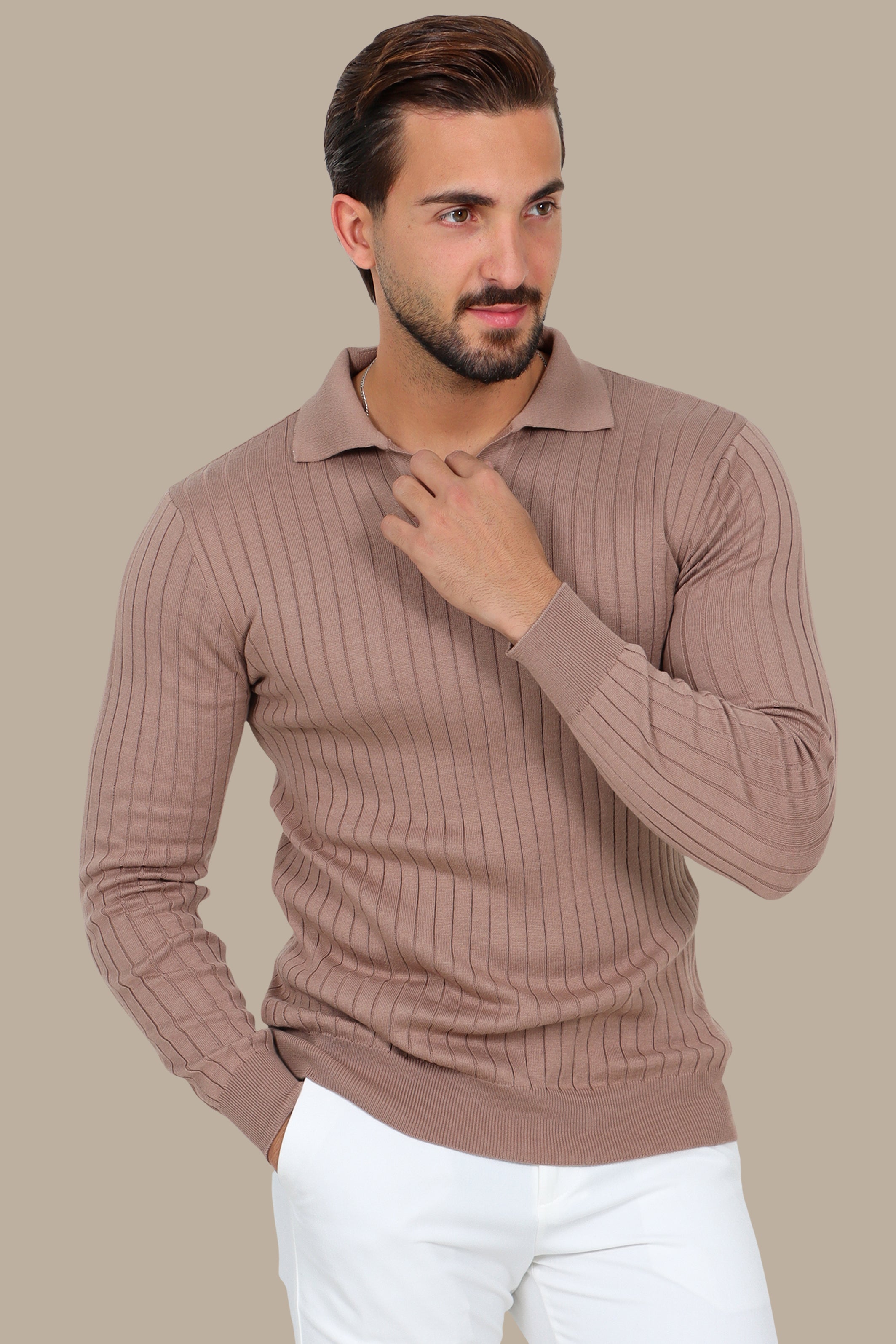 Light Brown Long-Sleeve Polo with Vertical Lines