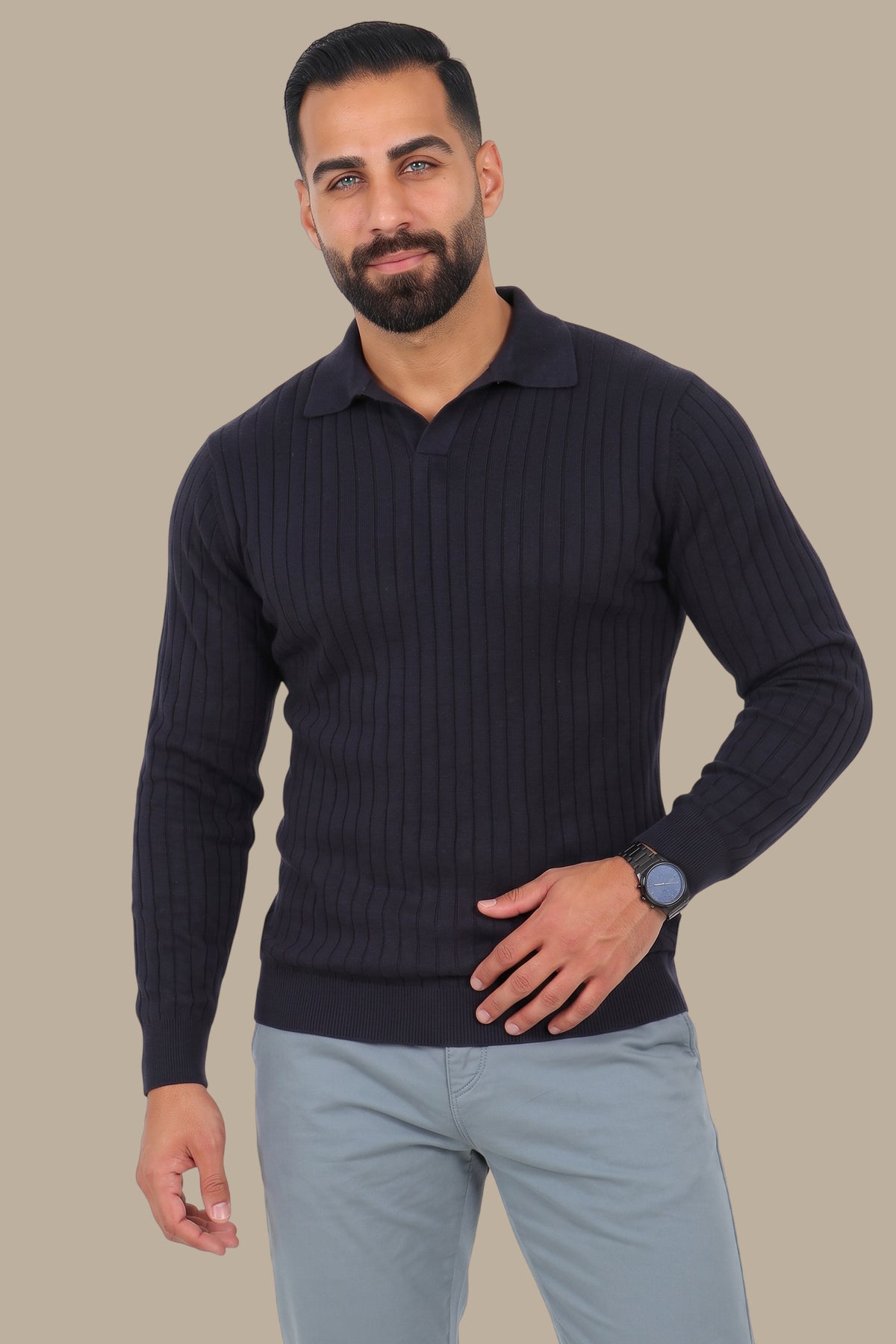 Basic Long-Sleeve Polo with Vertical Lines