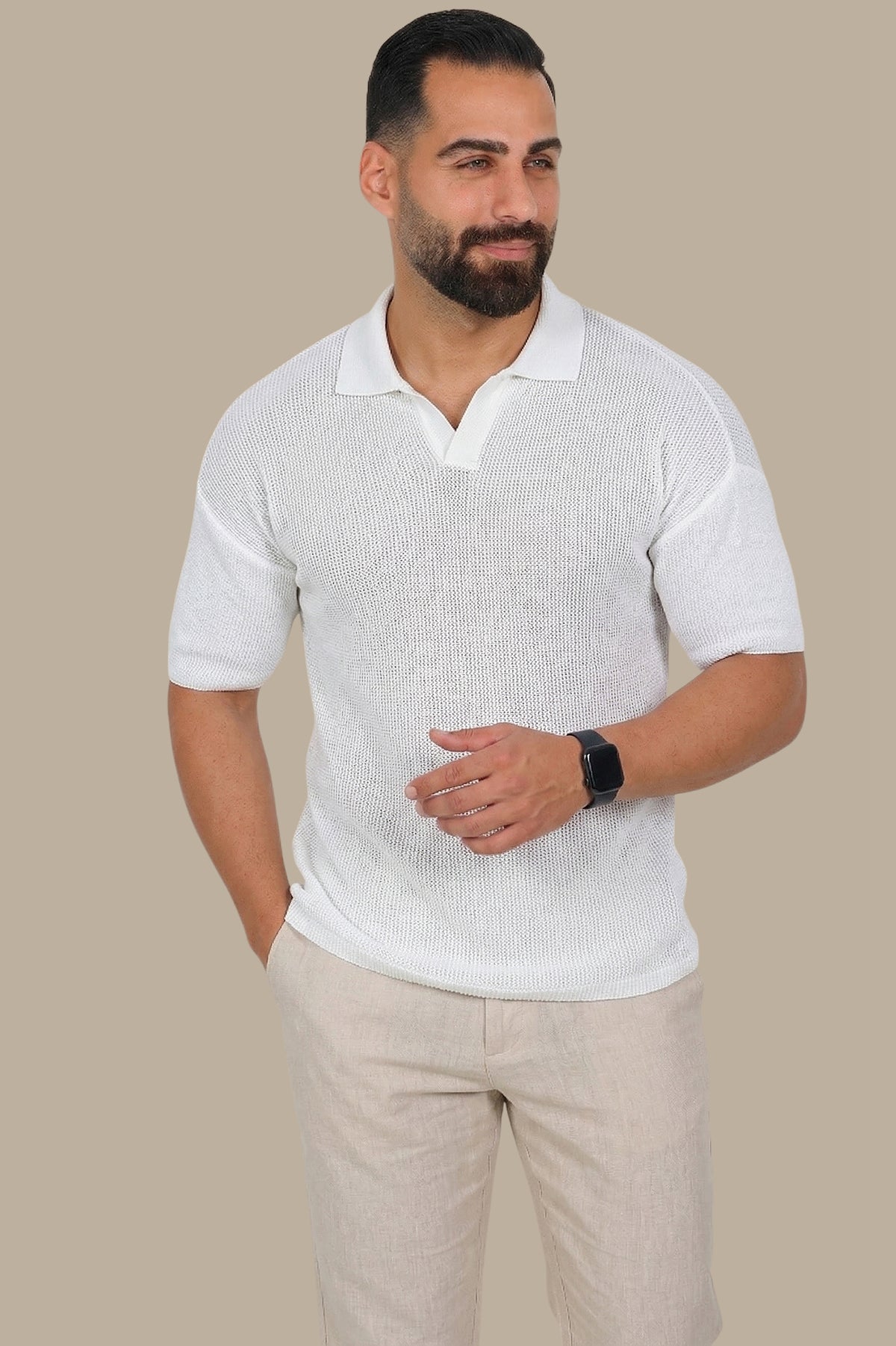 White Mercerized V-Neck Polo