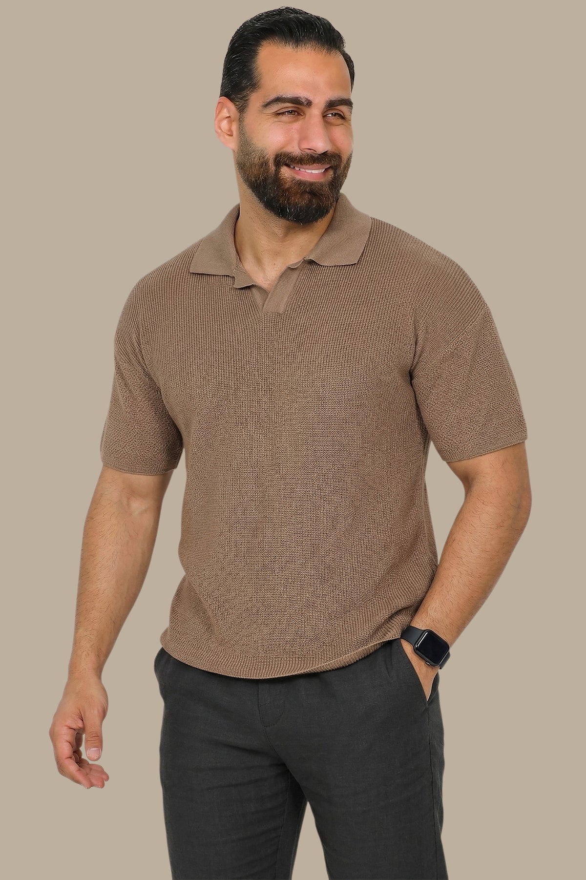 Beige Mercerized V-Neck Polo