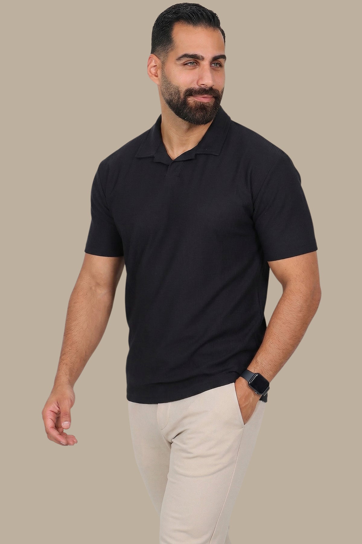 Black Ribbed Lycra Polo
