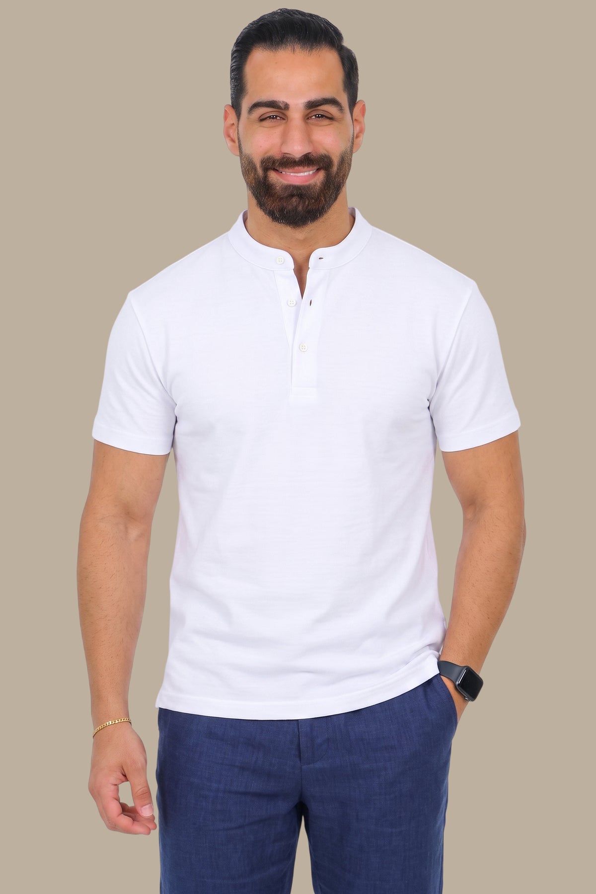 White Basic Mao Collar Polo