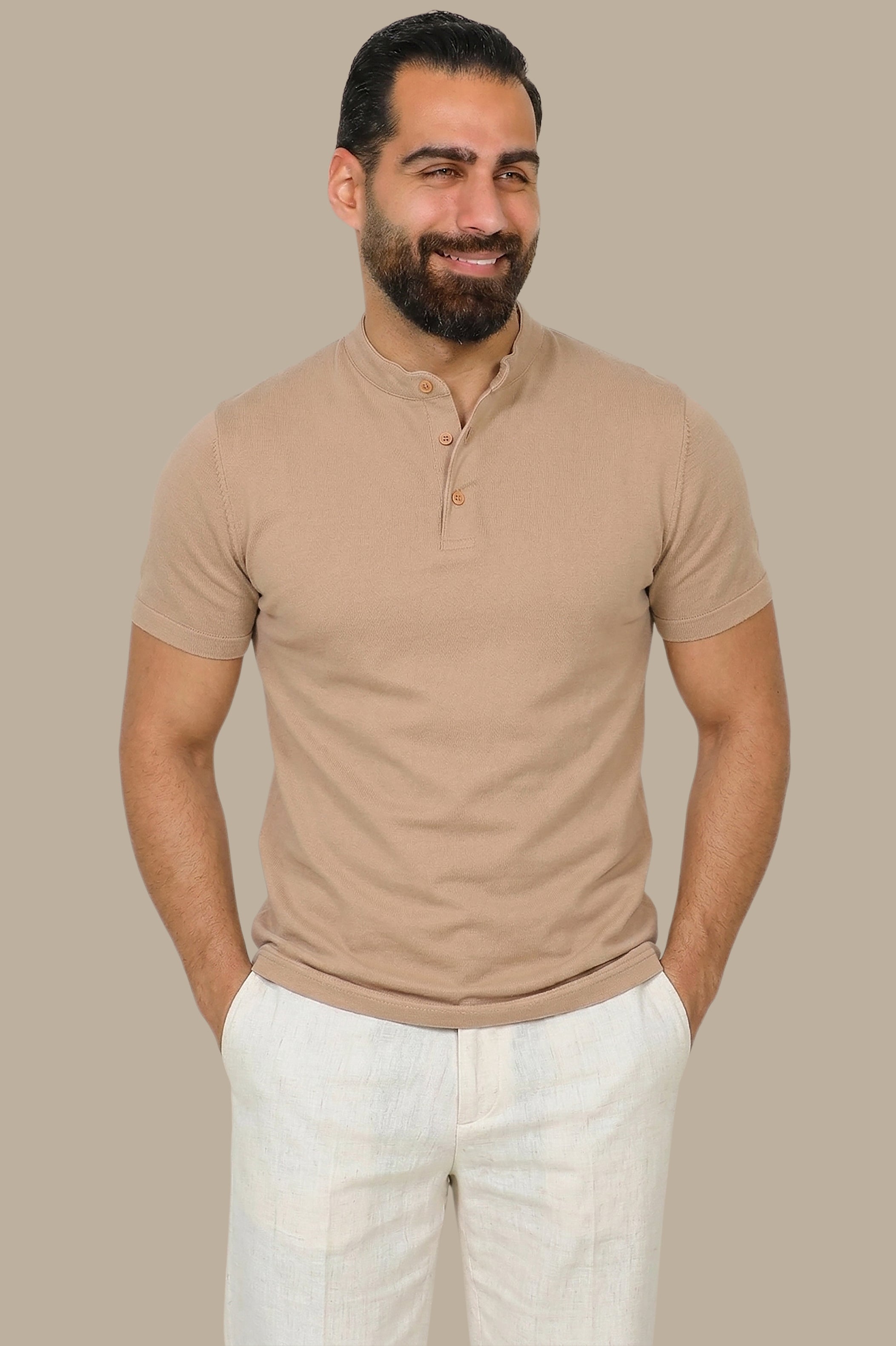 Beige Basic Polo Shirt with Mao Collar