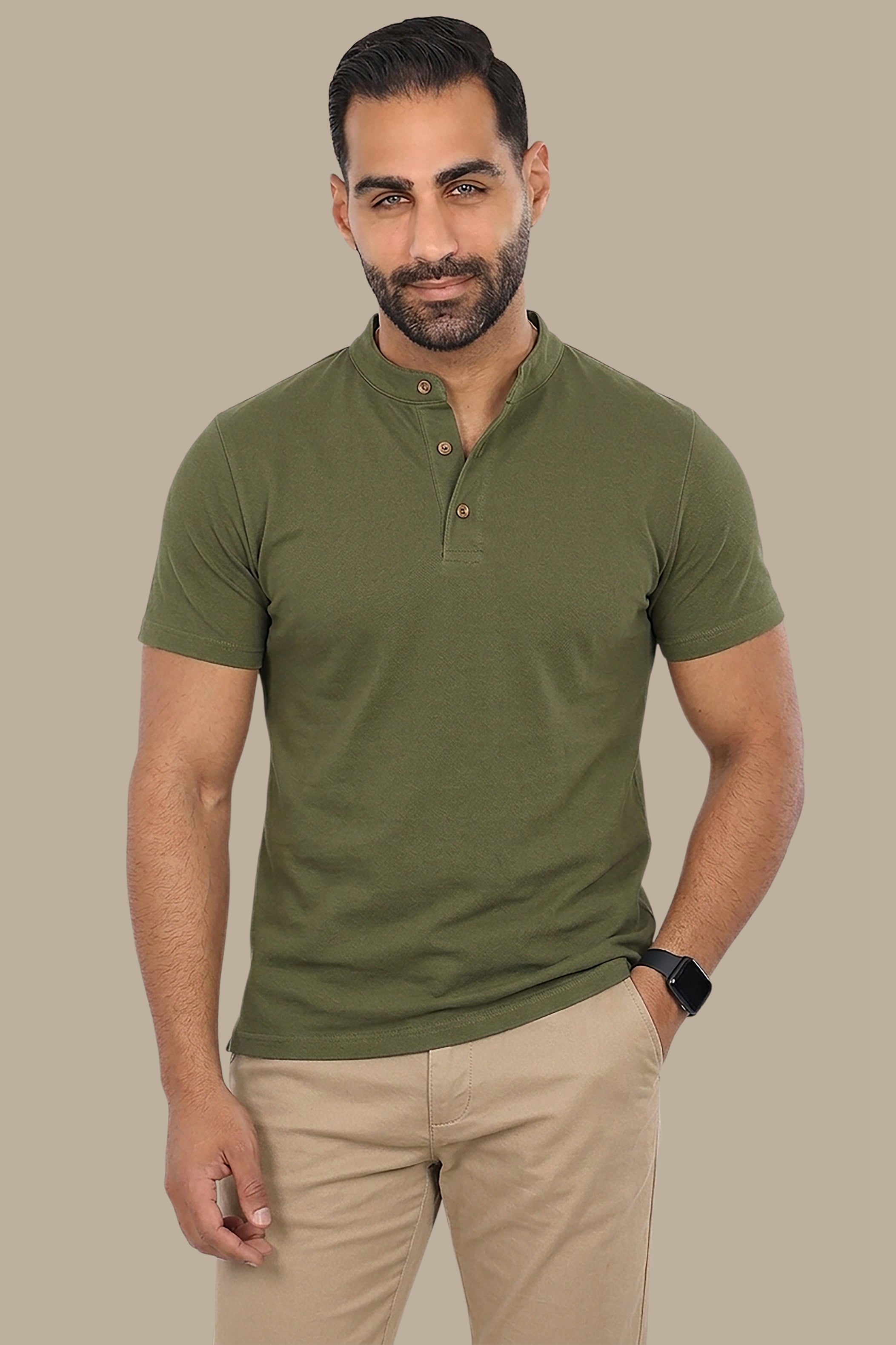 Khaki Basic Mao Collar Polo
