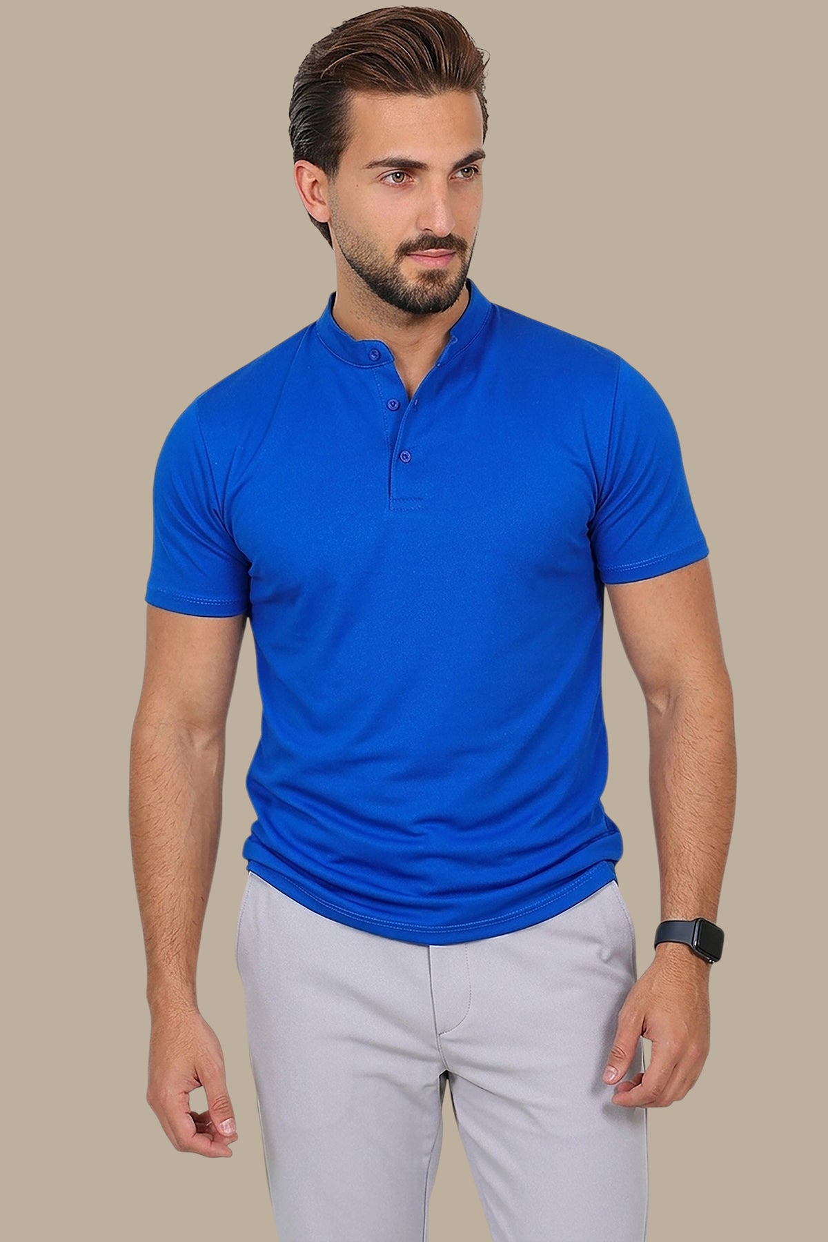 Blue Basic Polo Shirt with Mao Collar