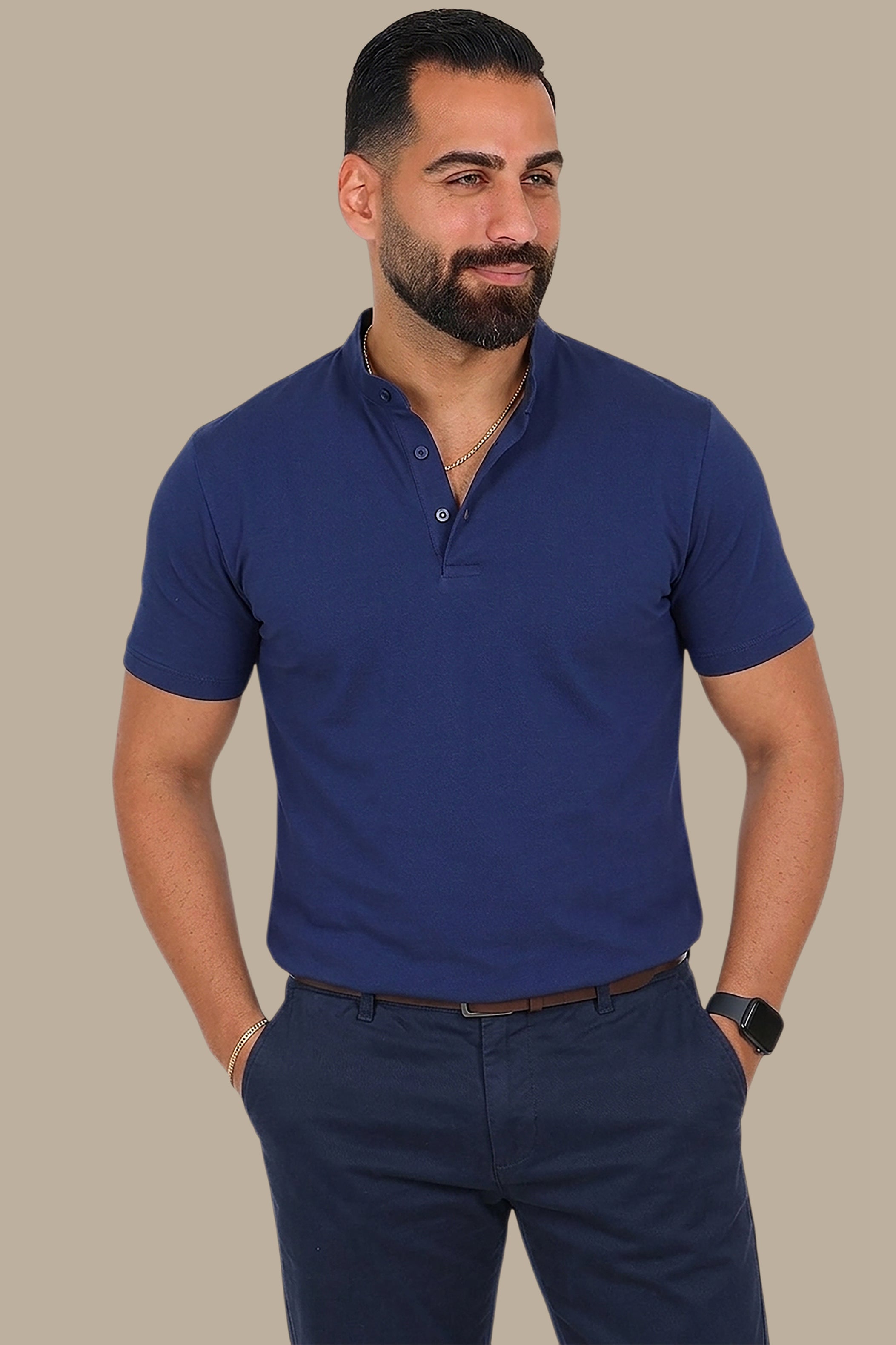 Navy Basic Polo Shirt with Mao Collar