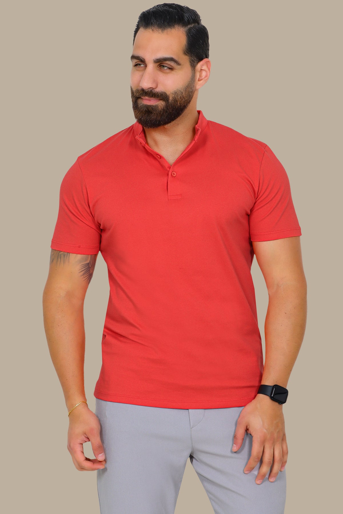 Coral Basic Polo Shirt with Mao Collar