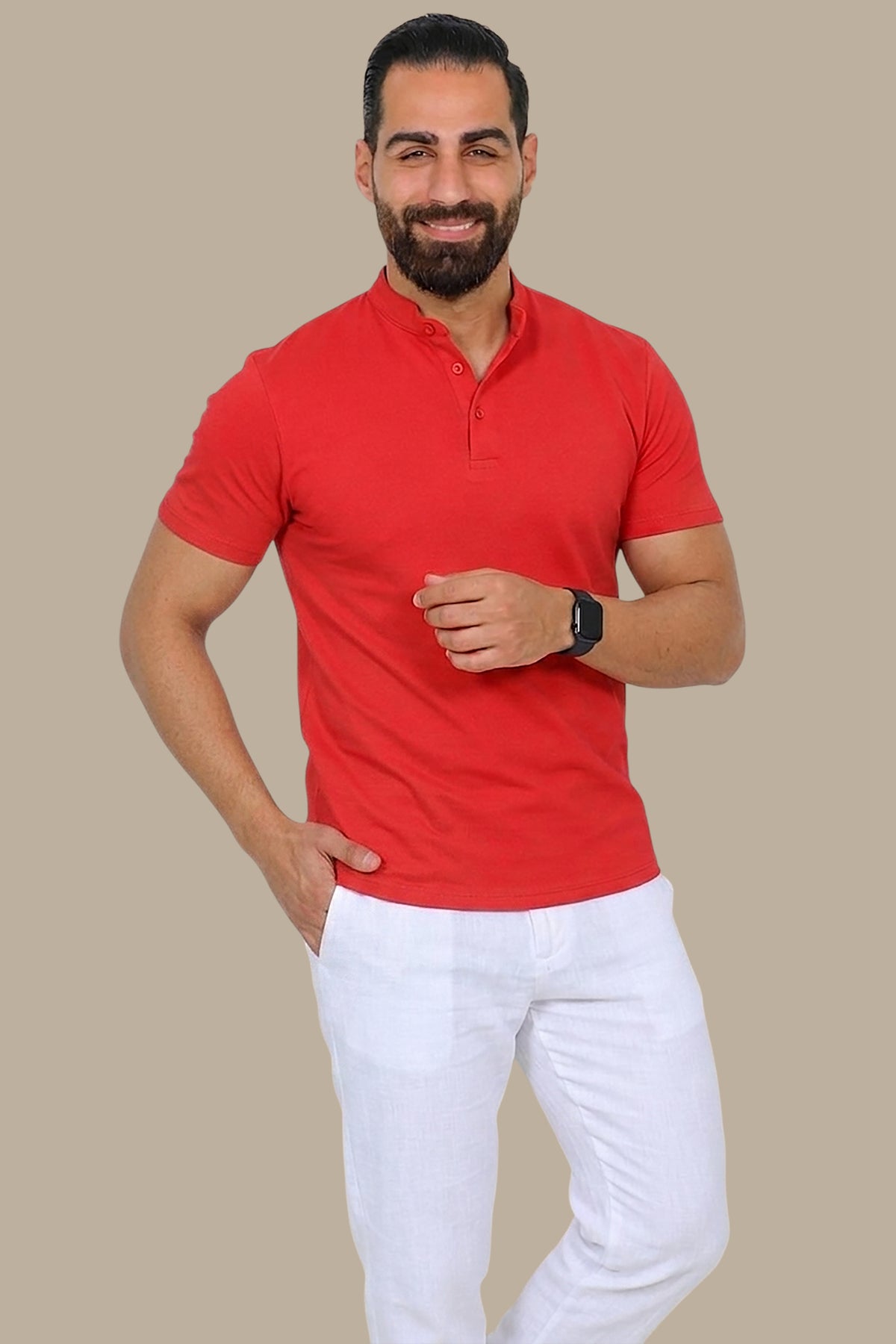 Coral Basic Polo Shirt with Mao Collar
