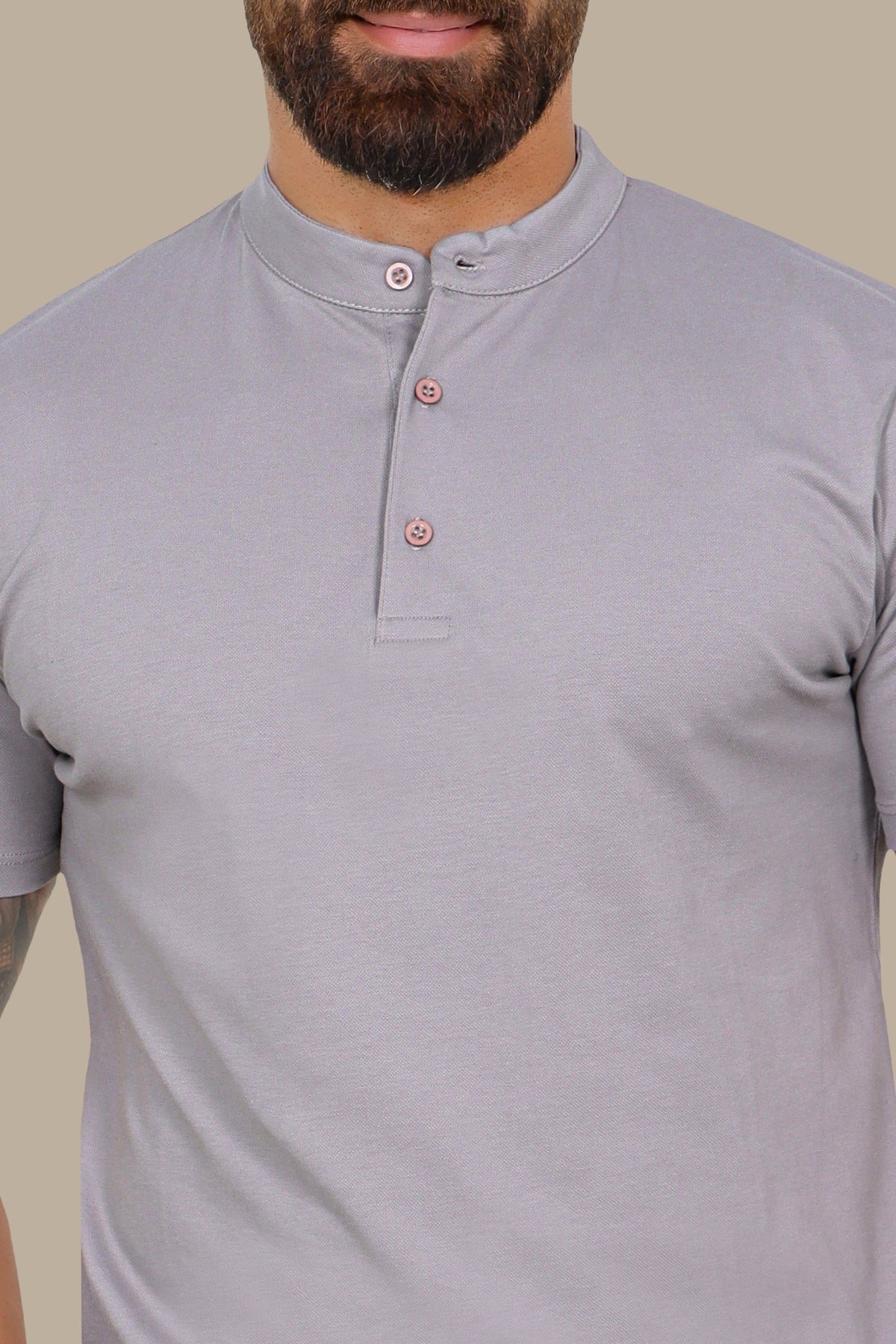 Grey Basic Polo Shirt with Mao Collar