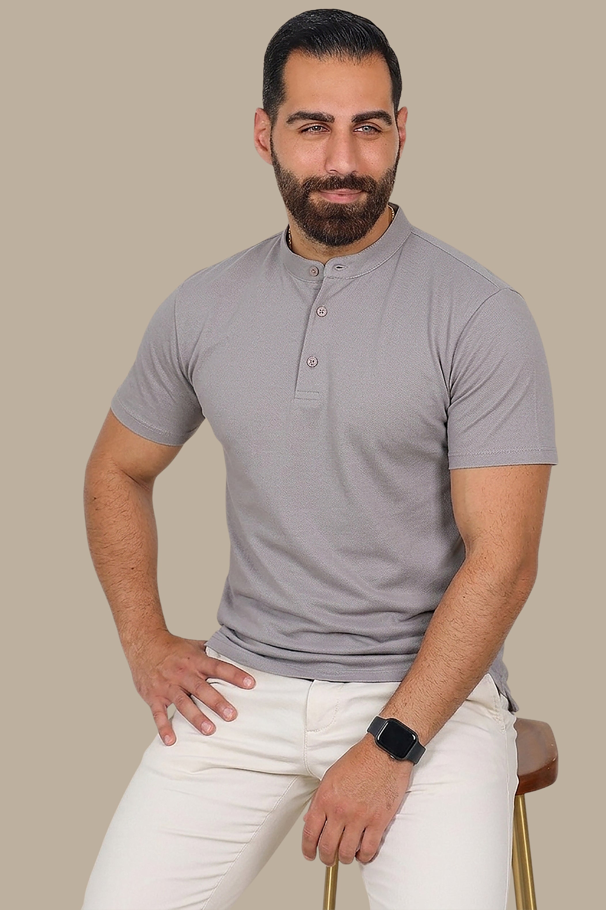 Grey Basic Polo Shirt with Mao Collar