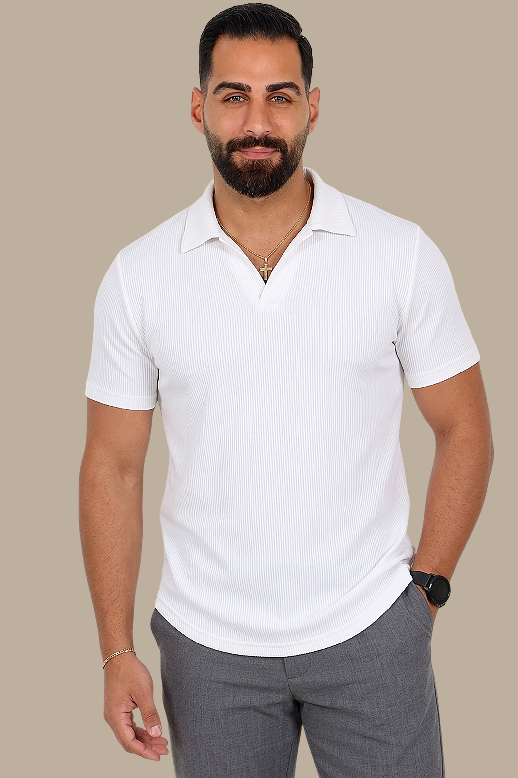 White Ribbed Plain Polo Shirt