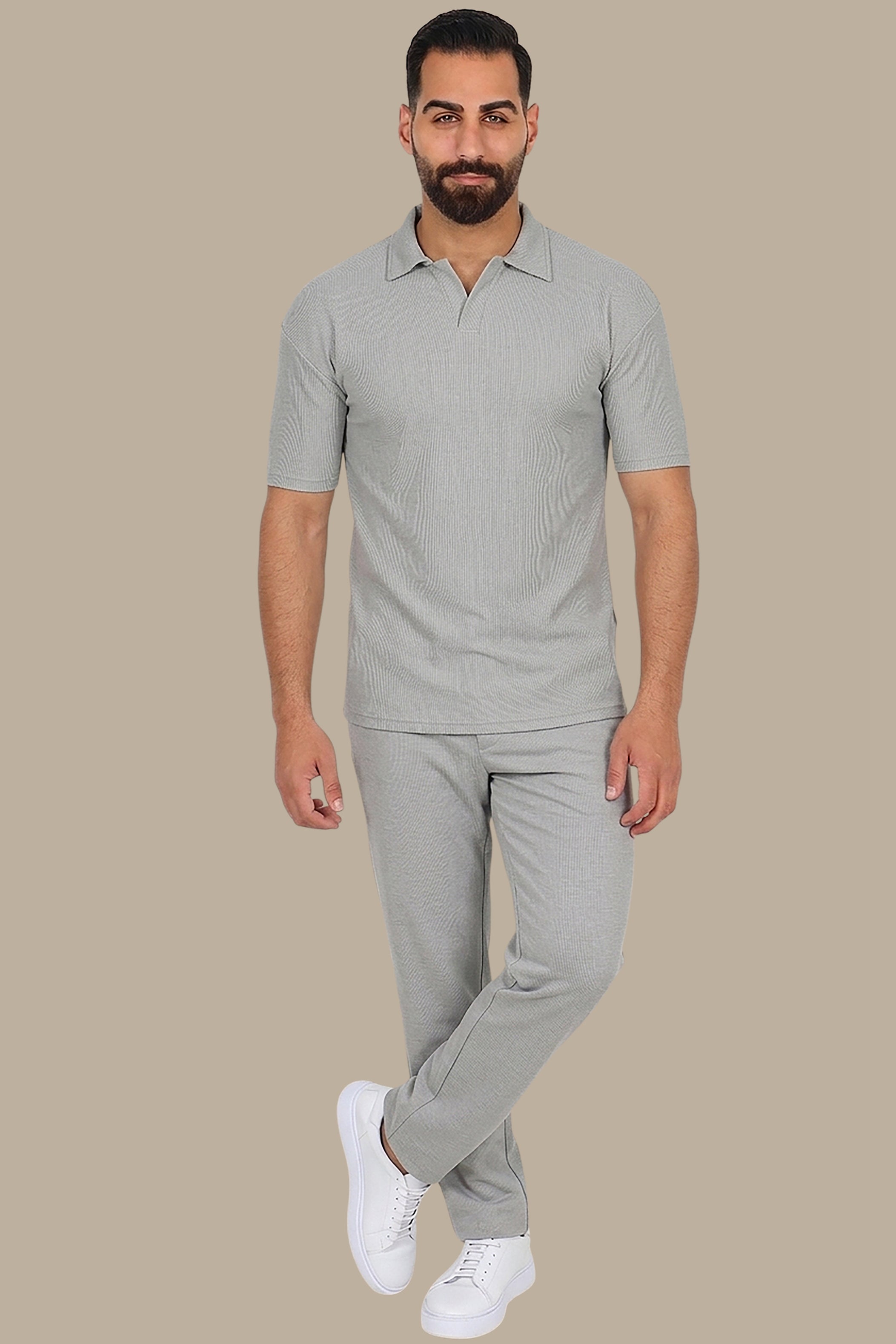 Grey Ribbed Plain Polo Shirt