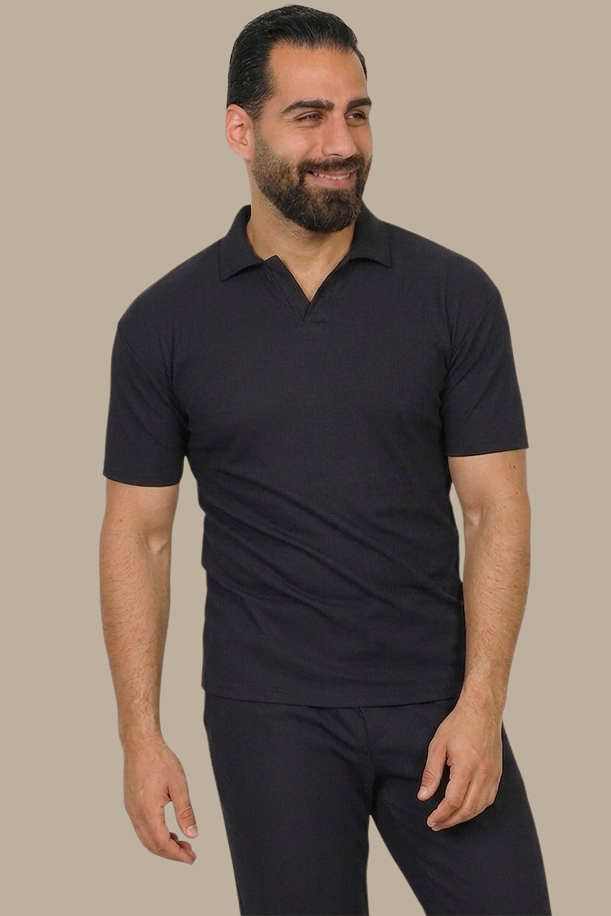 Black Ribbed Plain Polo Shirt