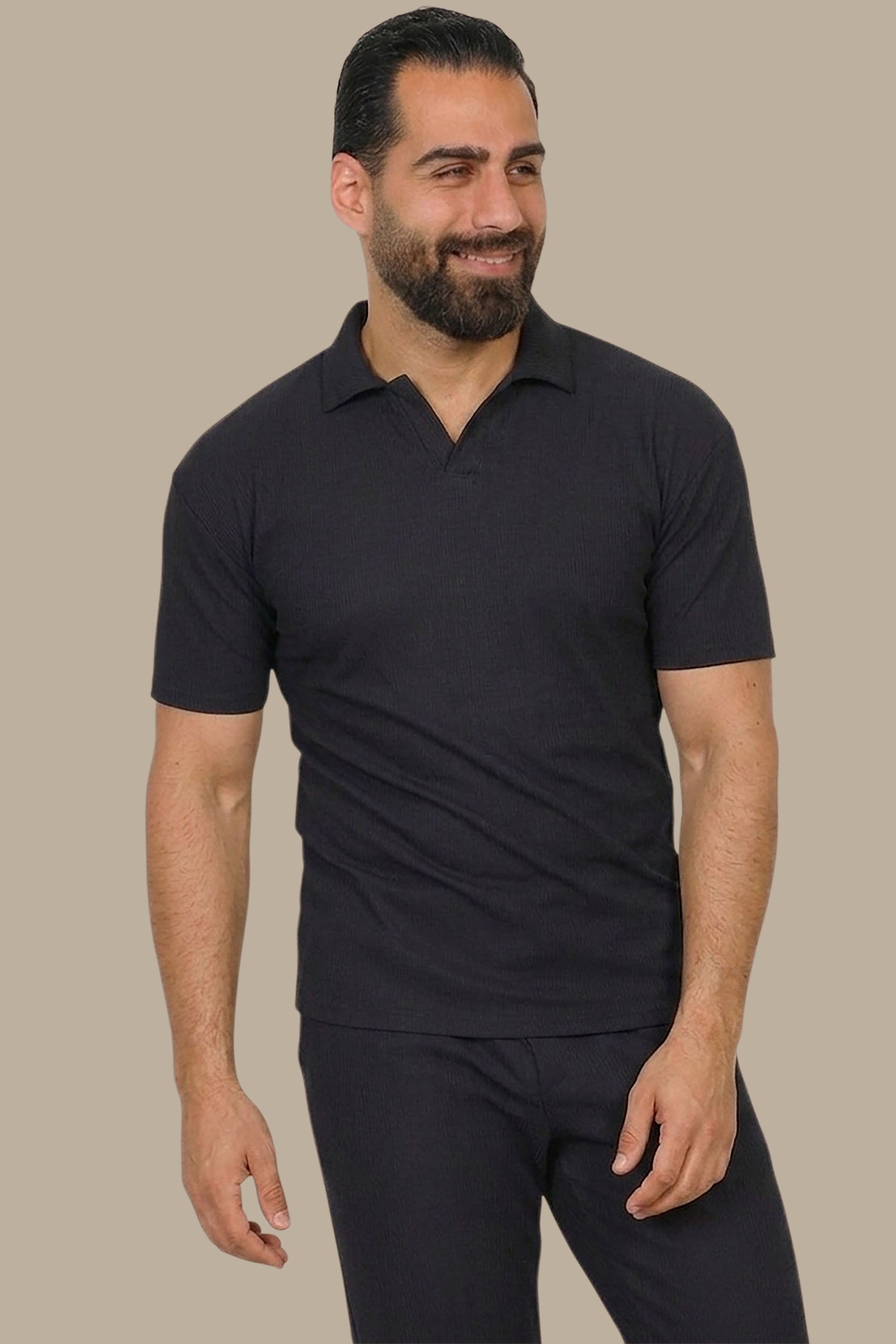 Black Ribbed Plain Polo Shirt