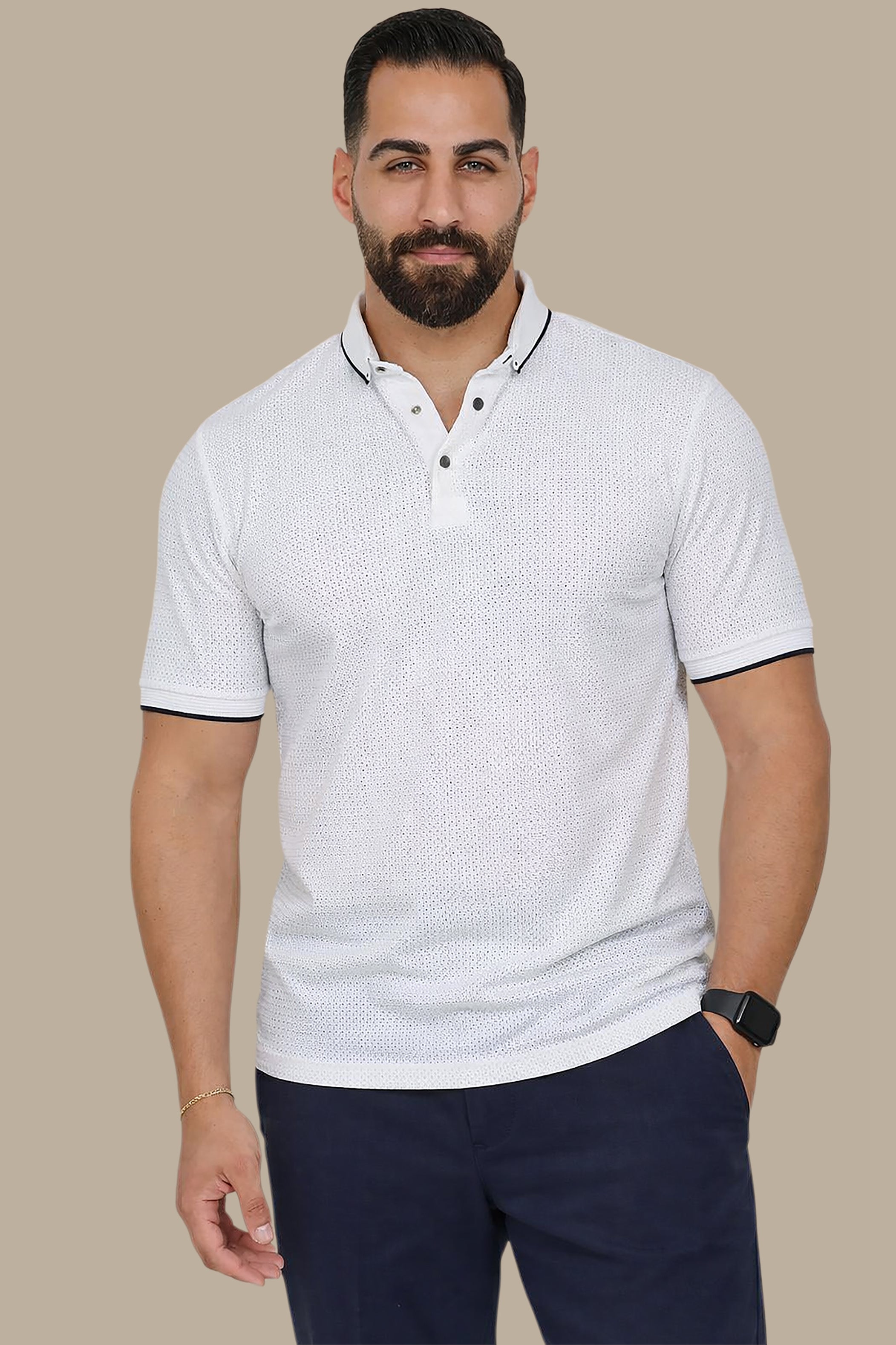 White Button-Down Polo Shirt in Breathable Fabric