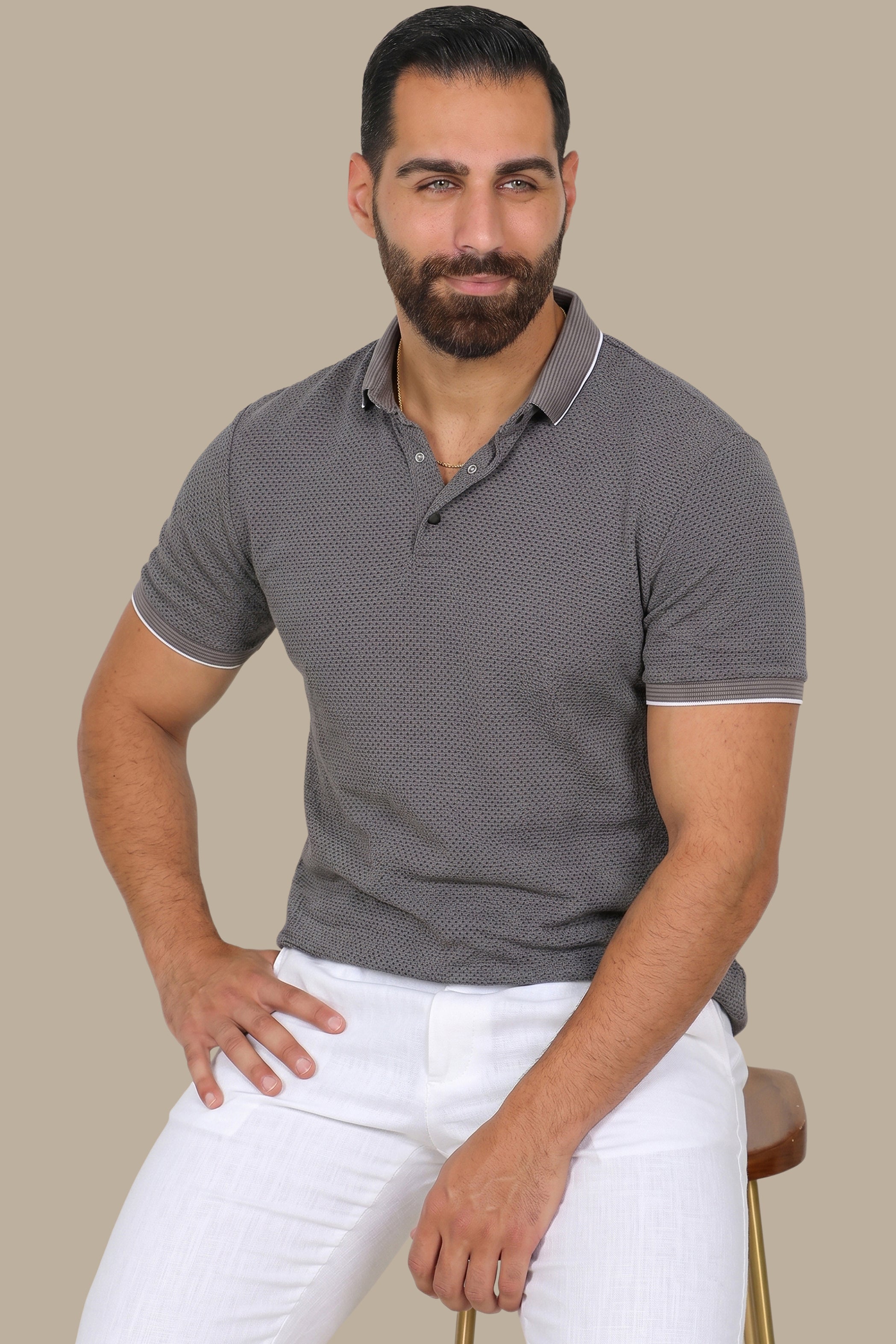 Grey Breathable Fabric Short Sleeve Polo with Button Down