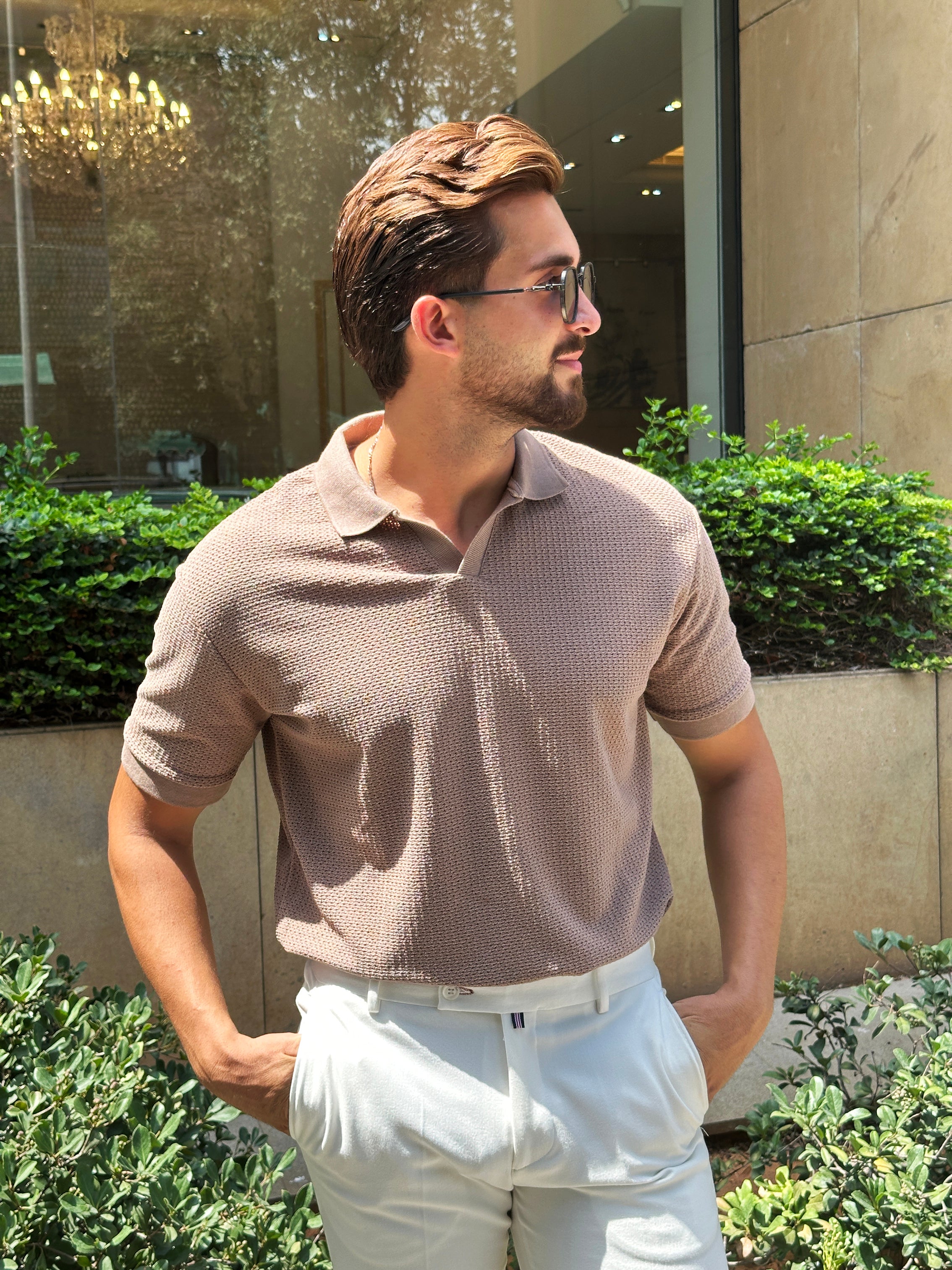 Mocha V-Neck Polo – Breathable Fabric
