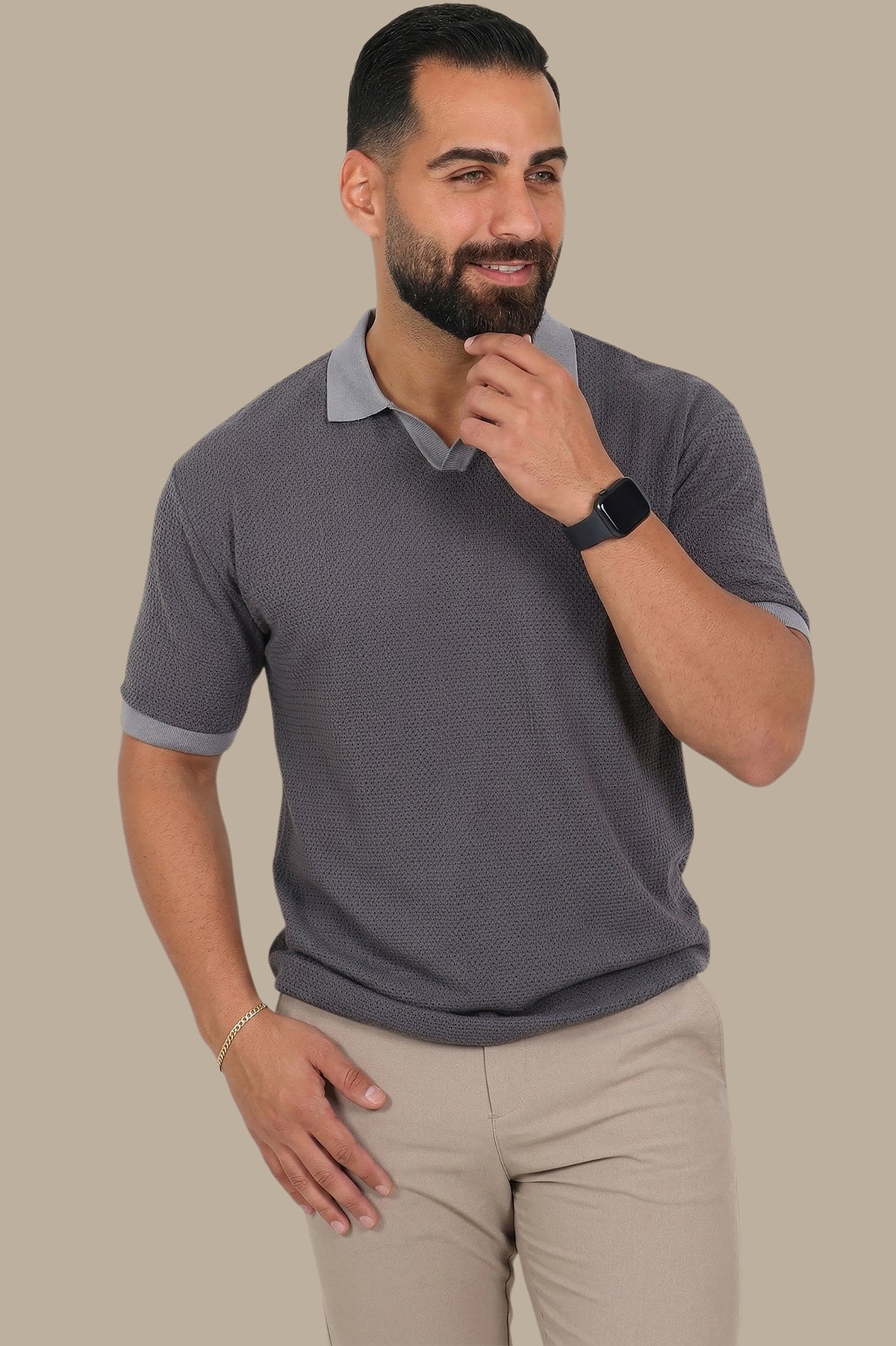 Grey V-Neck Polo – Breathable Fabric