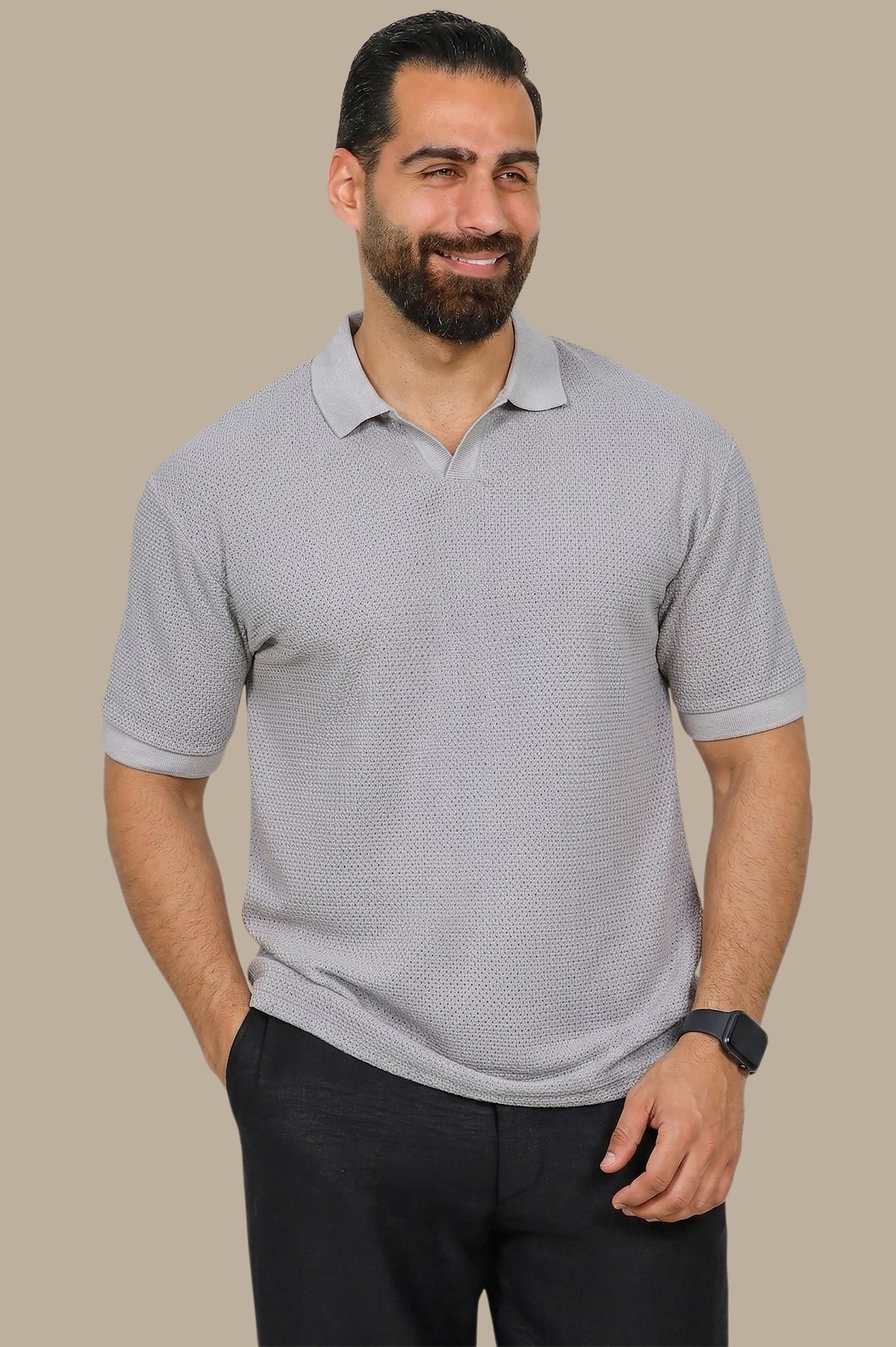 Light Grey V-Neck Polo – Breathable Fabric