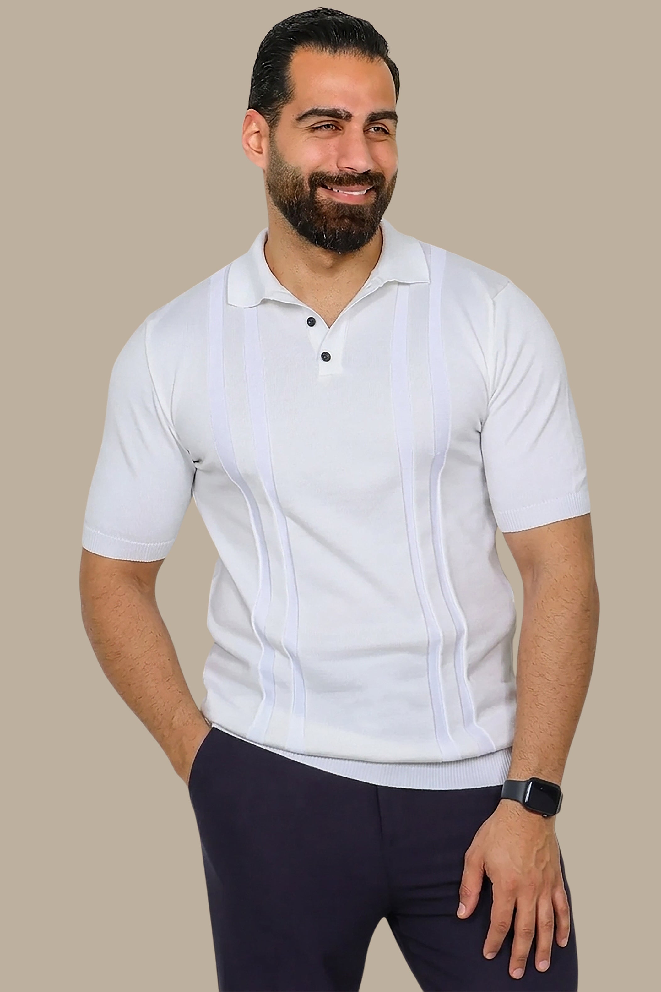 White Mercerized Polo with Two-Line Design