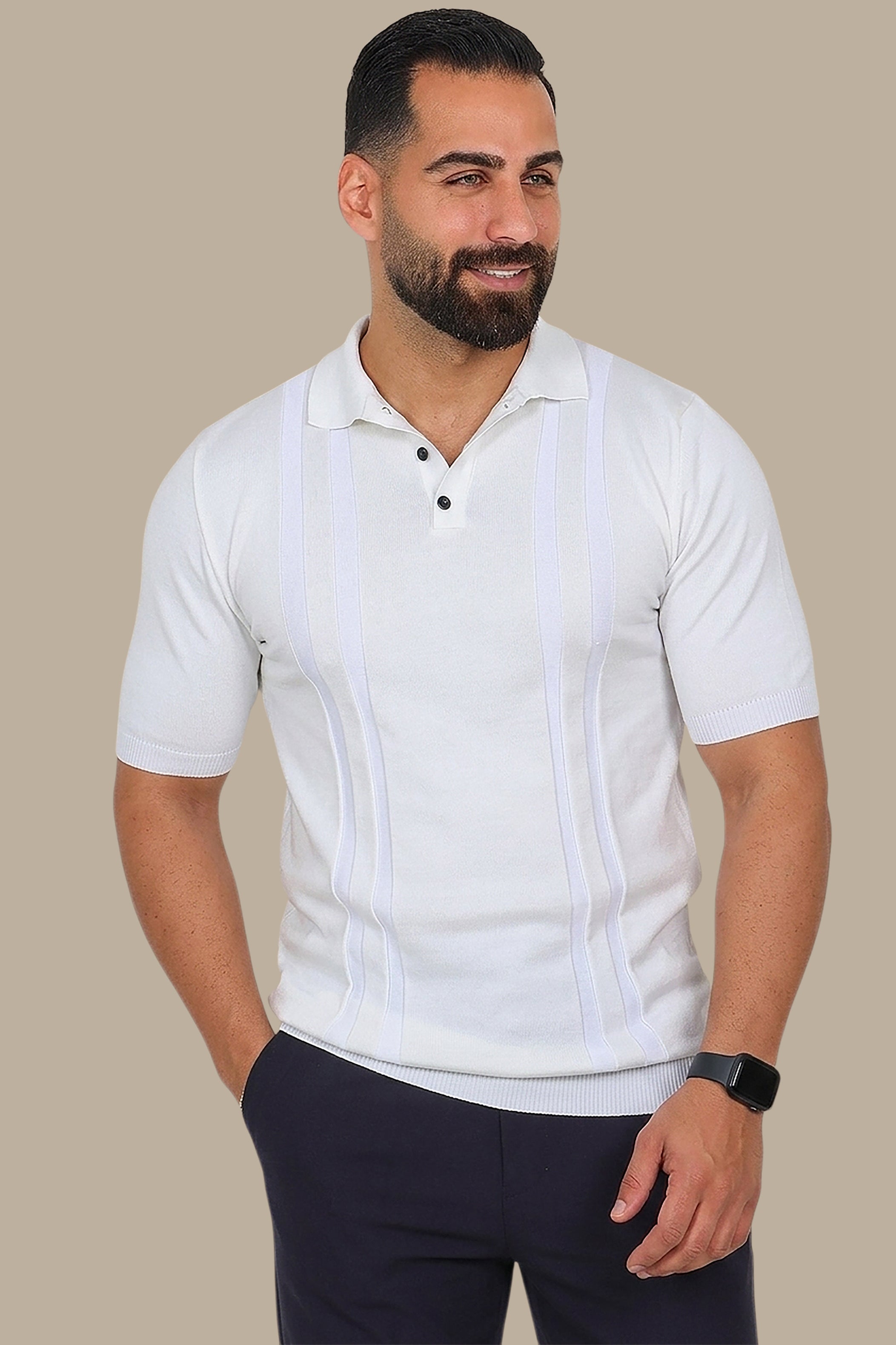White Mercerized Polo with Two-Line Design