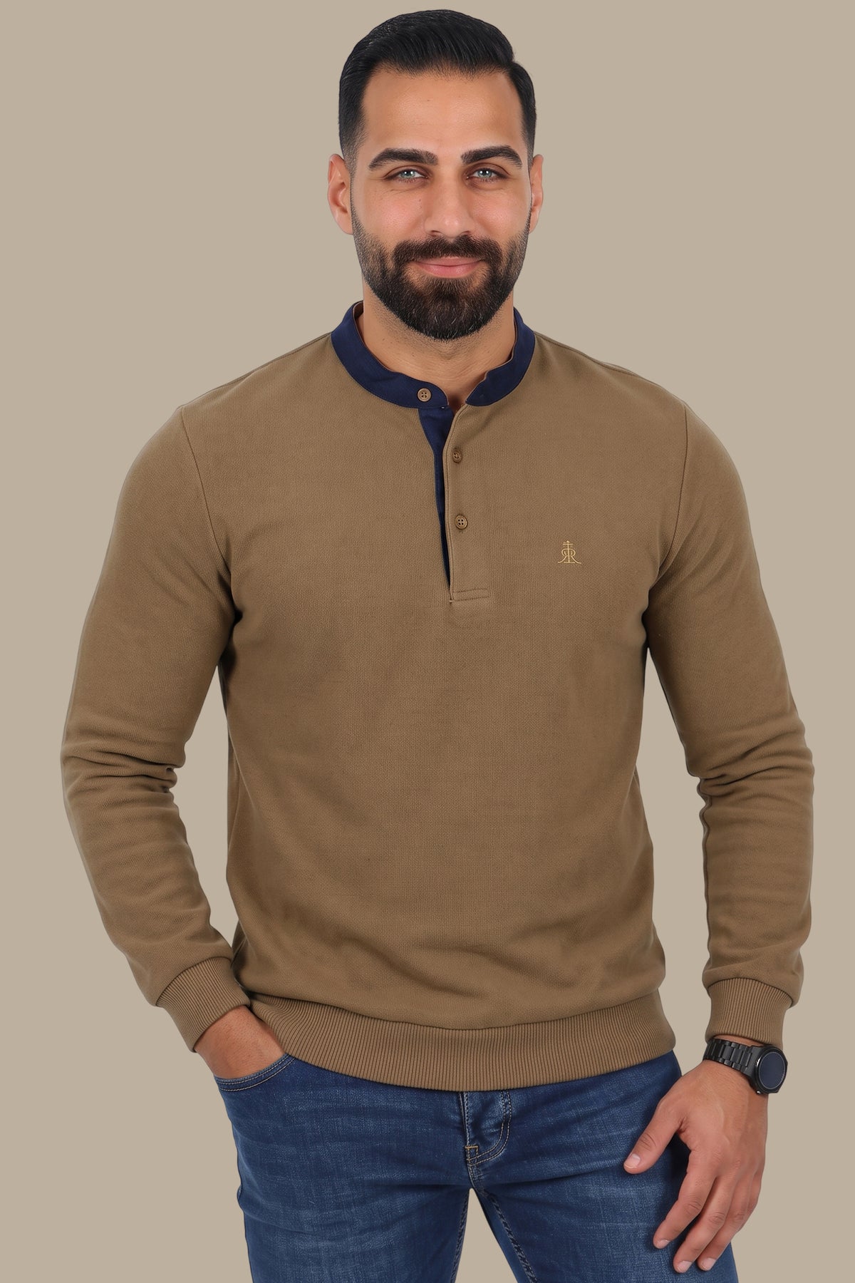 Long-Sleeve Mao Collar Velvet Polo with Brim in