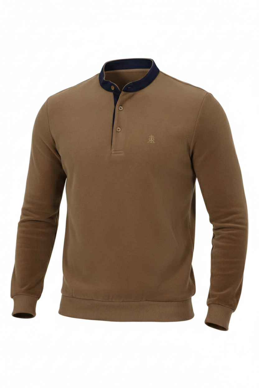 Long-Sleeve Mao Collar Velvet Polo with Brim in Beige