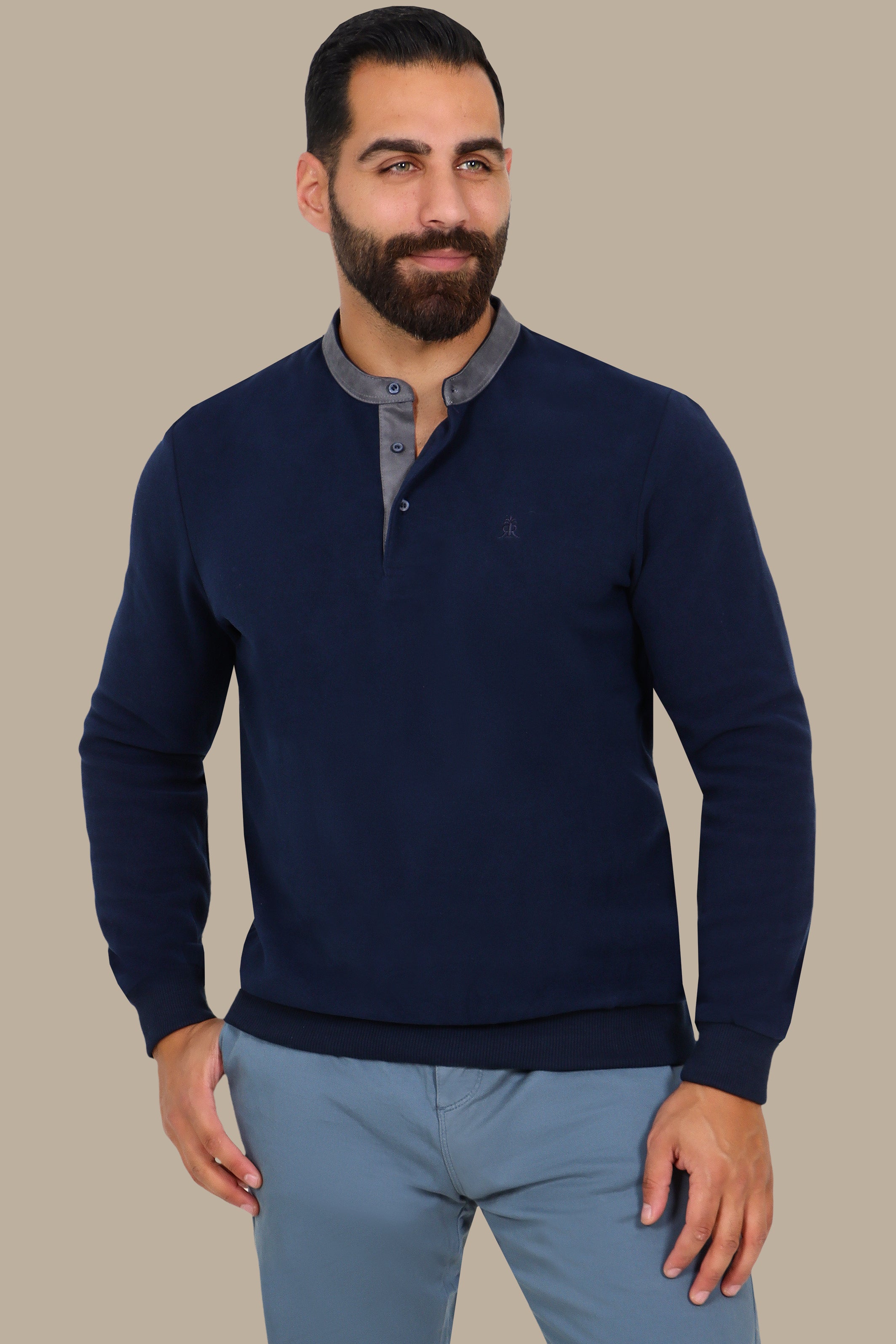 Velvet Long-Sleeve Polo with Col Mao – Navy Brim