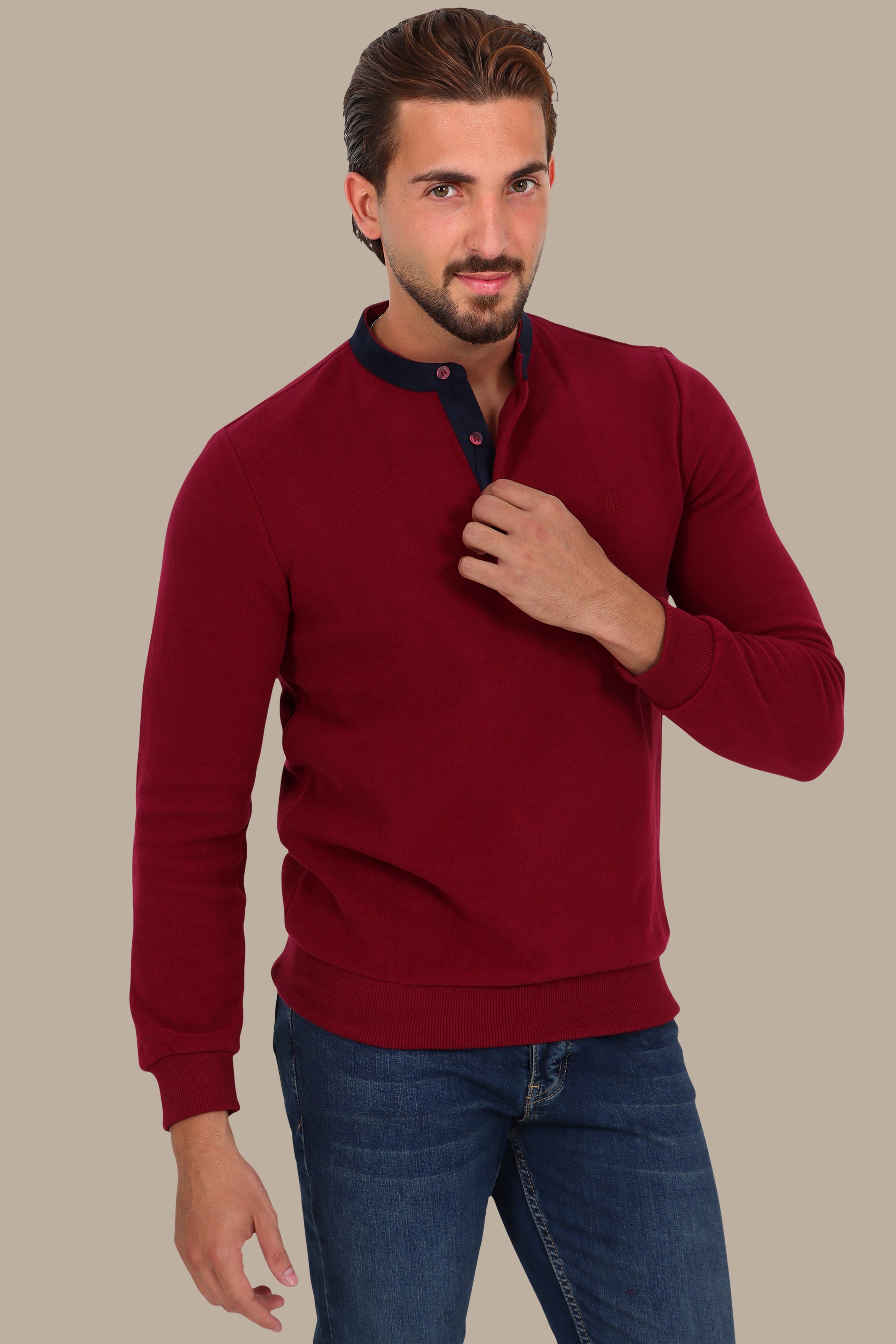 Long-Sleeve Mao Collar Velvet Polo with Brim in Burgundy
