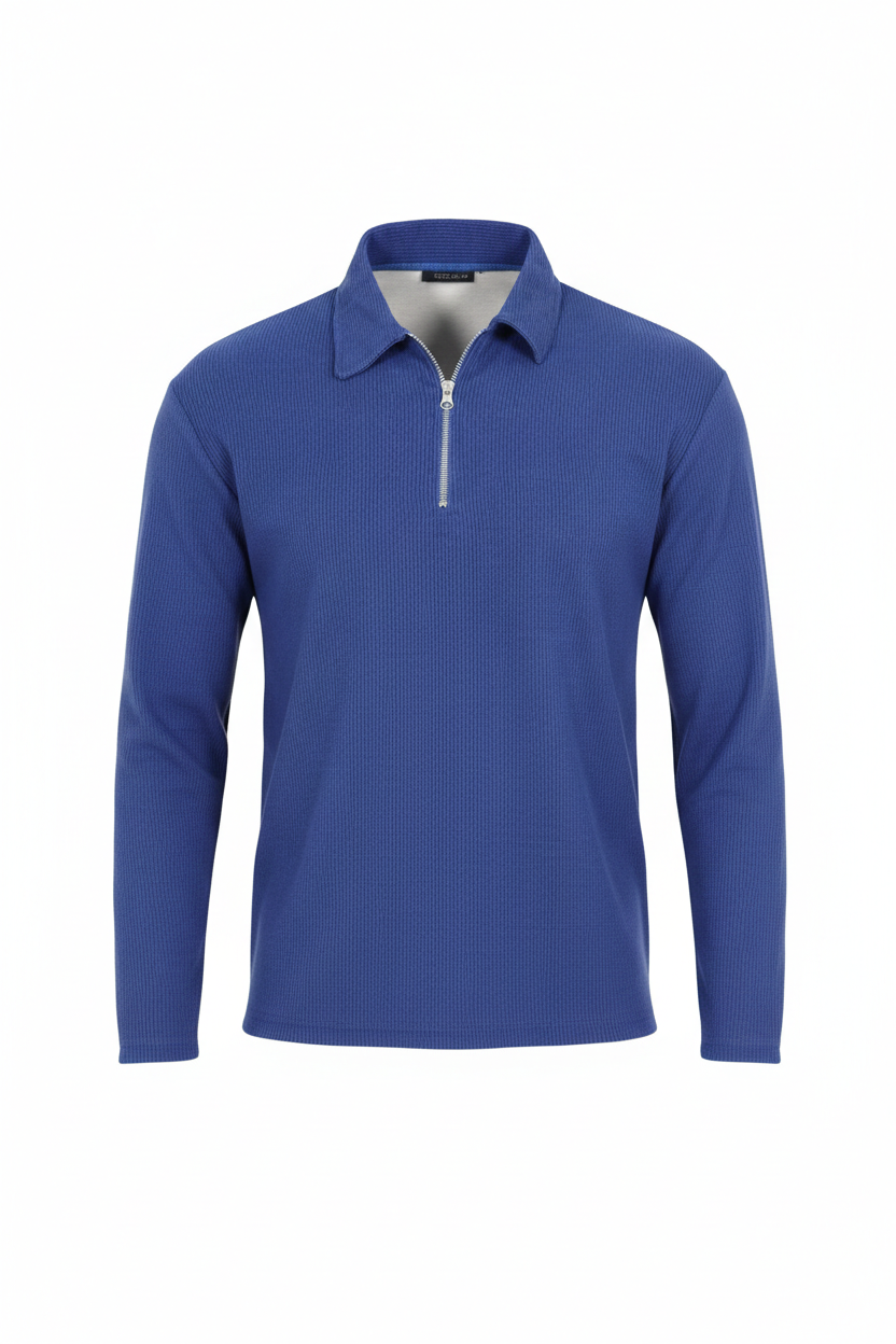 Long Sleeve Zipper Polo in Ribbed Velvet Blue