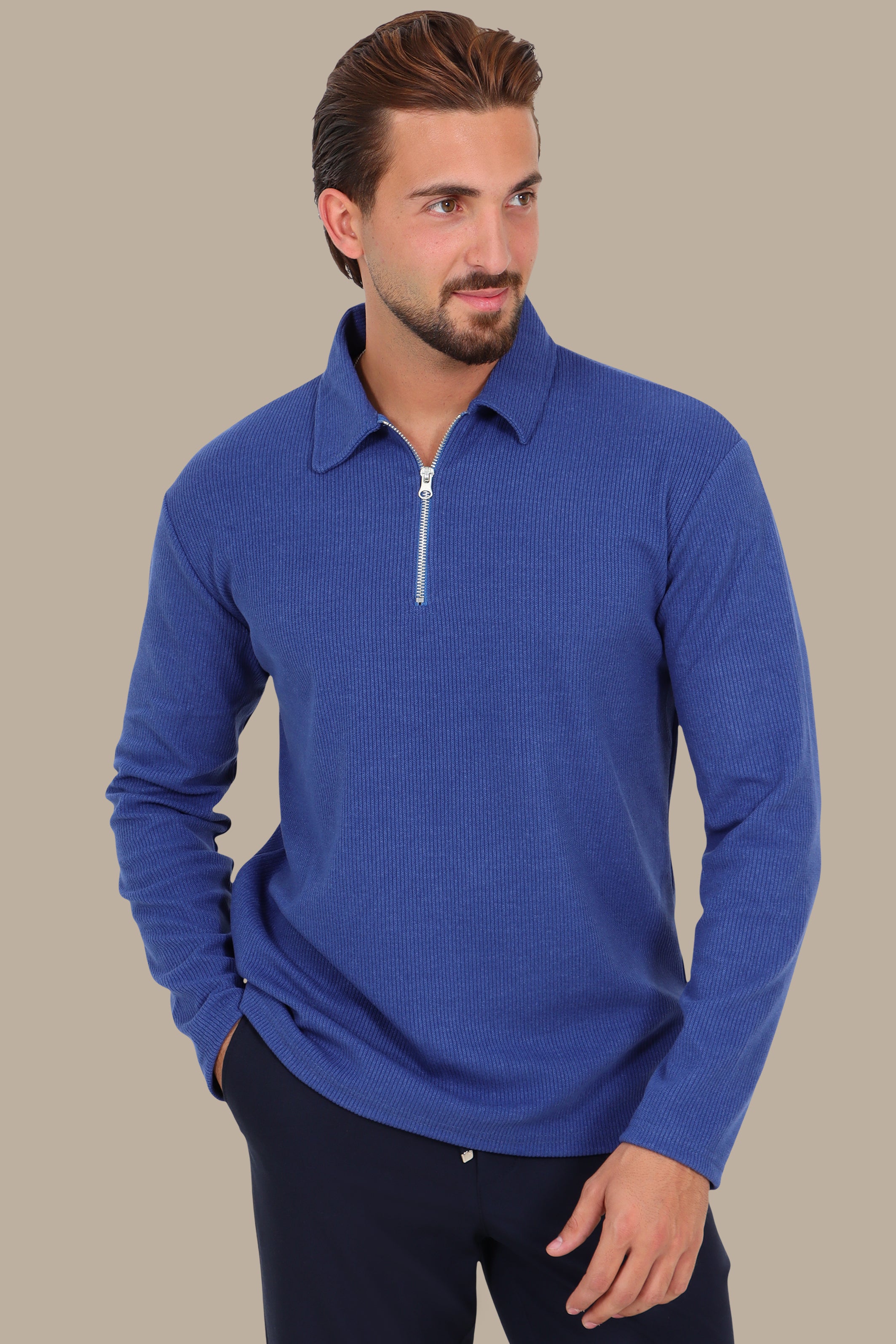 Long Sleeve Zipper Polo in Ribbed Velvet Blue