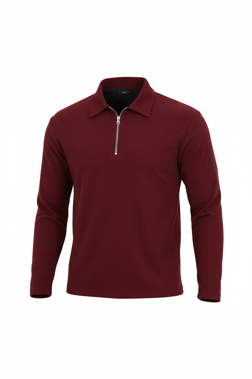 Long-Sleeve Ribbed Velvet Polo with Zipper in Burgundy