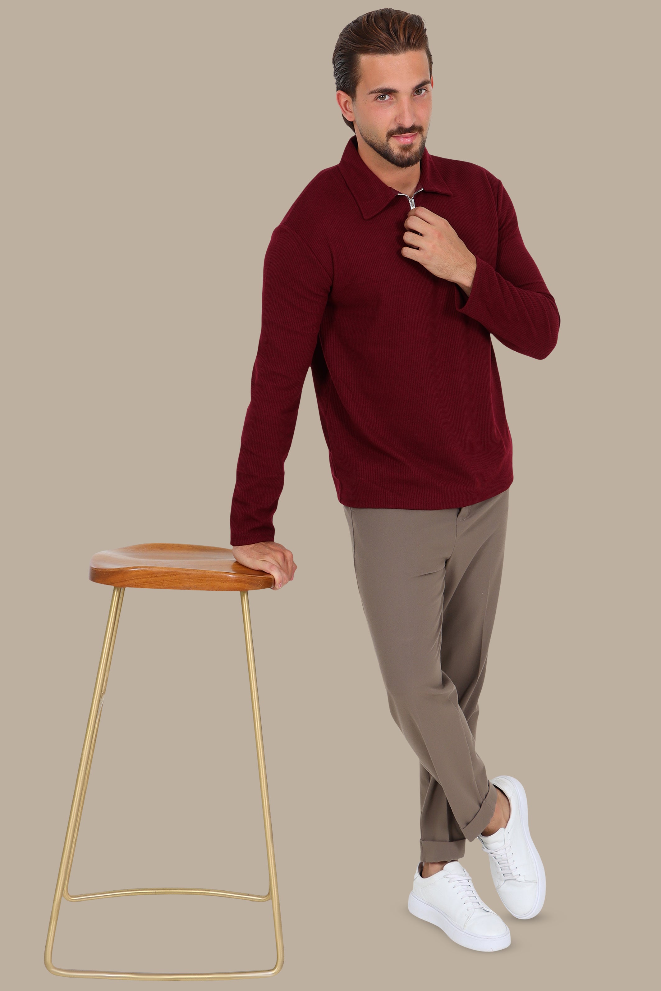 Long-Sleeve Ribbed Velvet Polo with Zipper in Burgundy