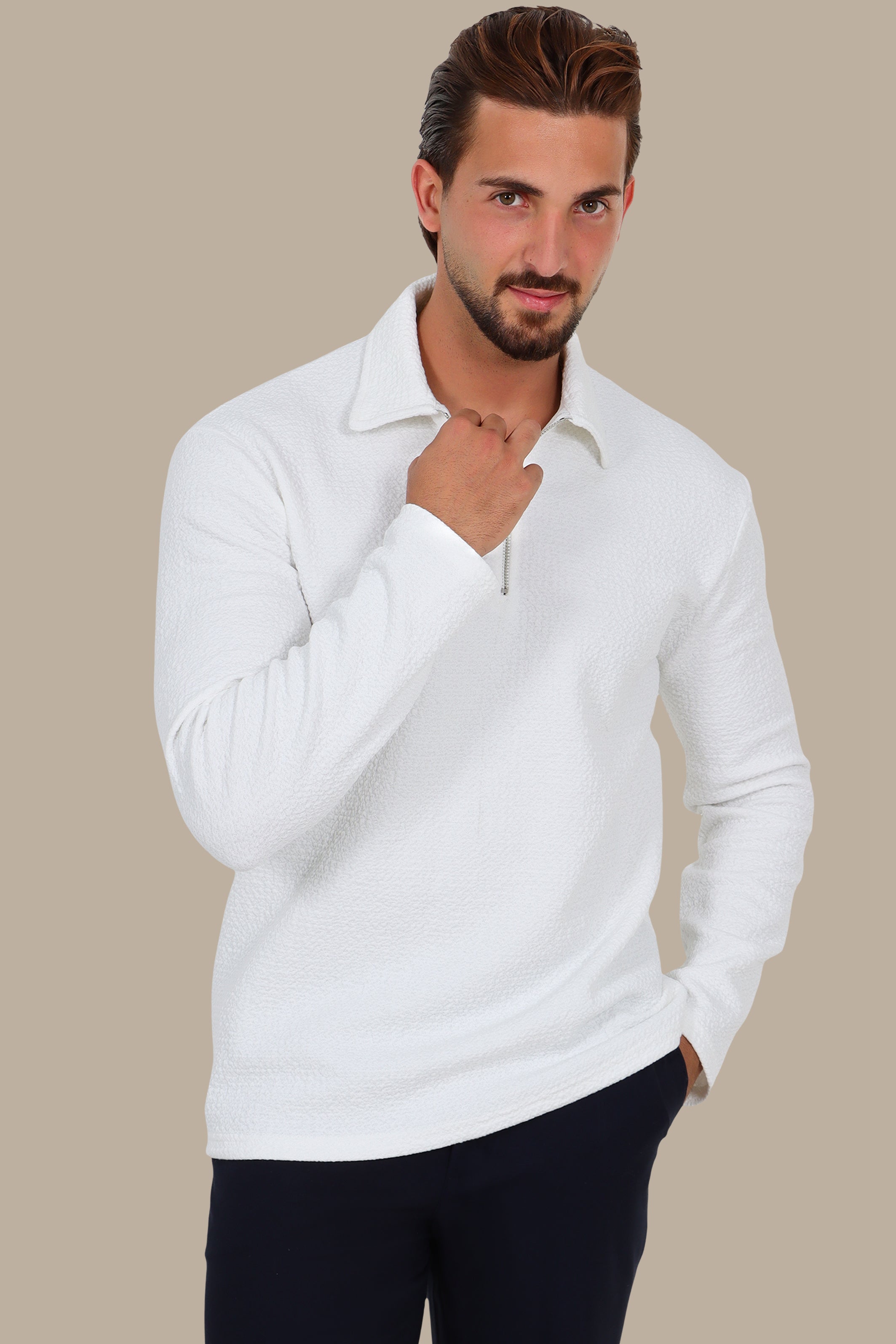 Long Sleeve Zipper Polo in Gofre Fabric White