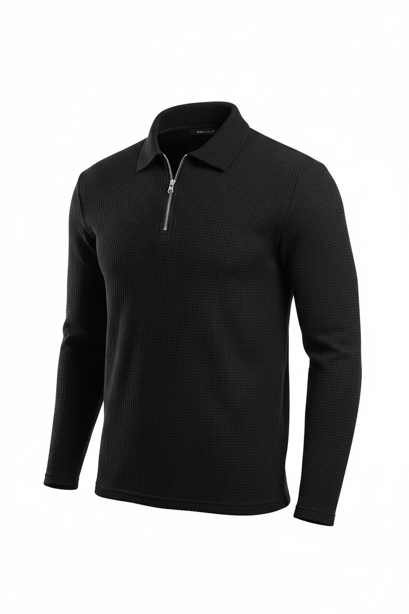 Long Sleeve Zipper Polo in Gofre Fabric Black
