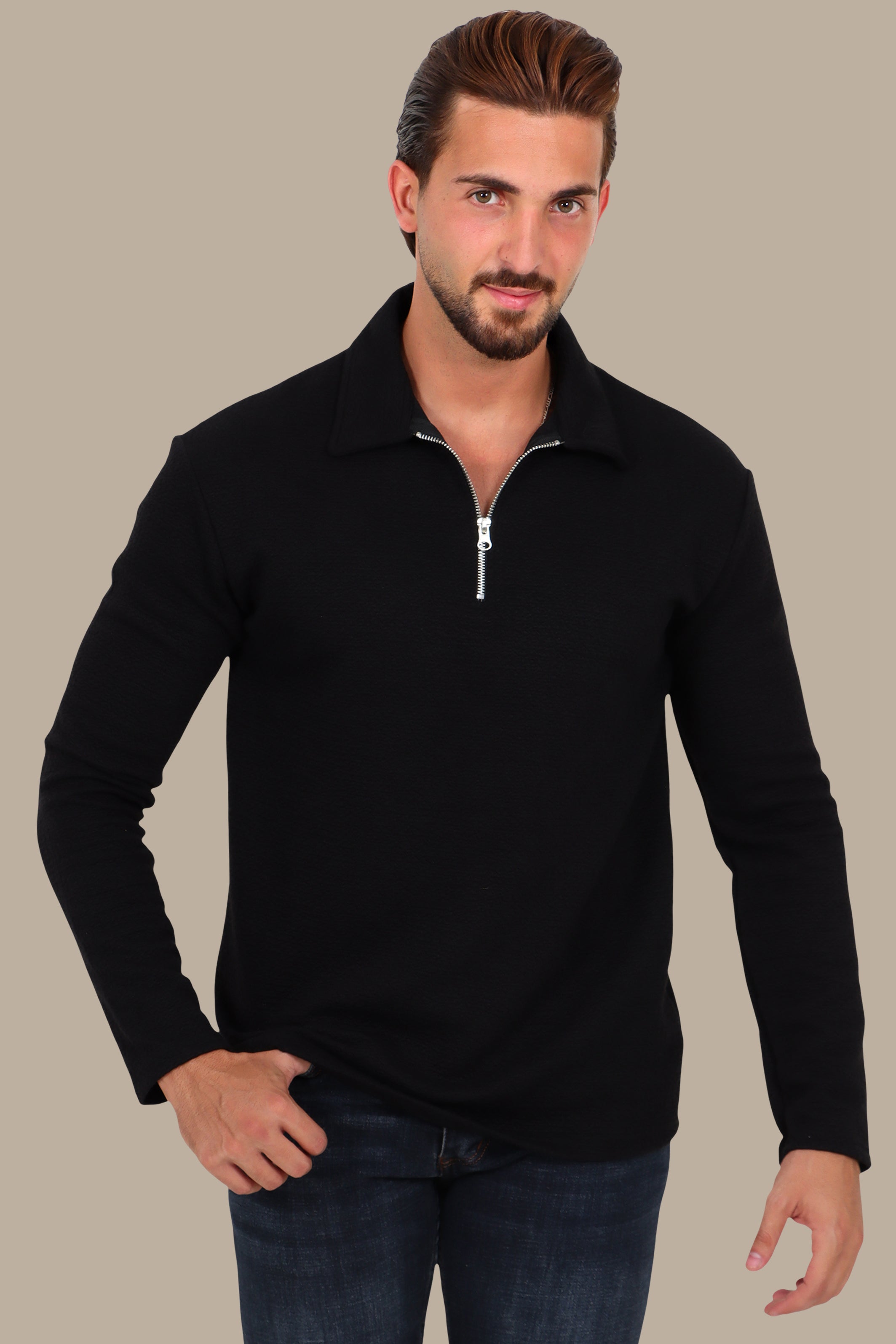Long Sleeve Zipper Polo in Gofre Fabric Black