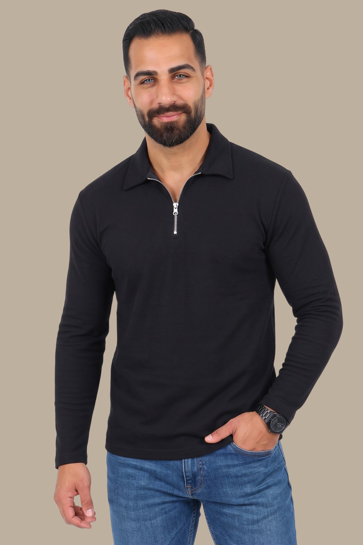 Long Sleeve Zipper Polo in Gofre Fabric