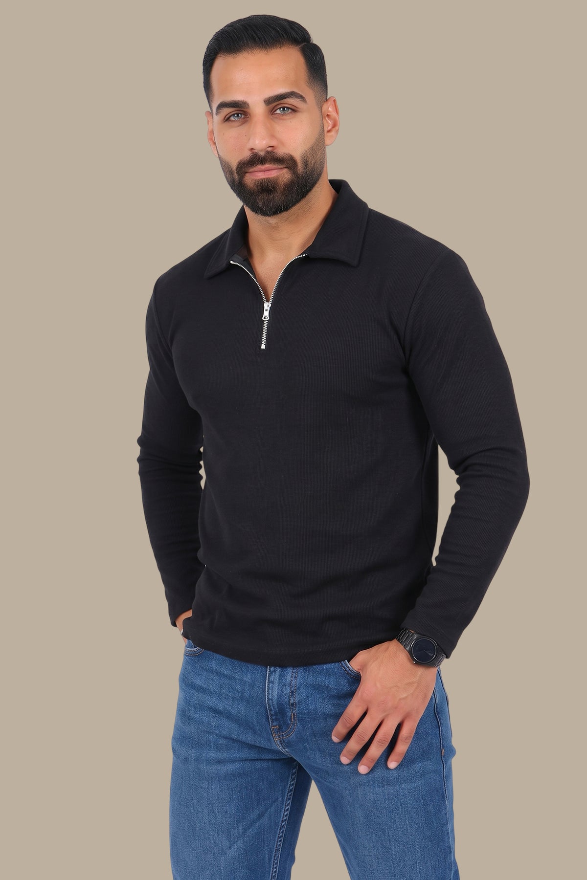 Long Sleeve Zipper Polo in Gofre Fabric