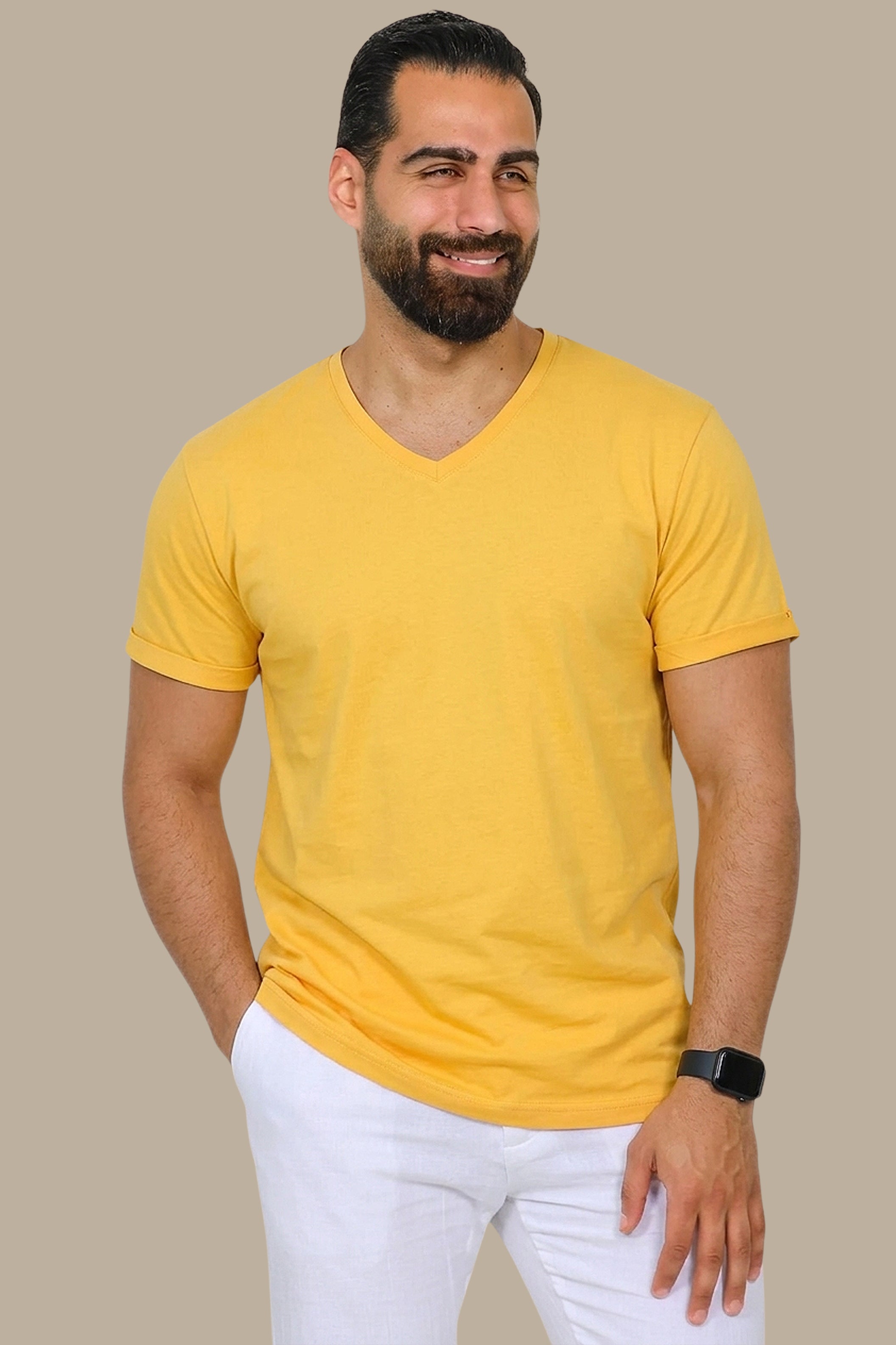 Sunny Glow: Yellow V-Neck Short Sleeve T-Shirt
