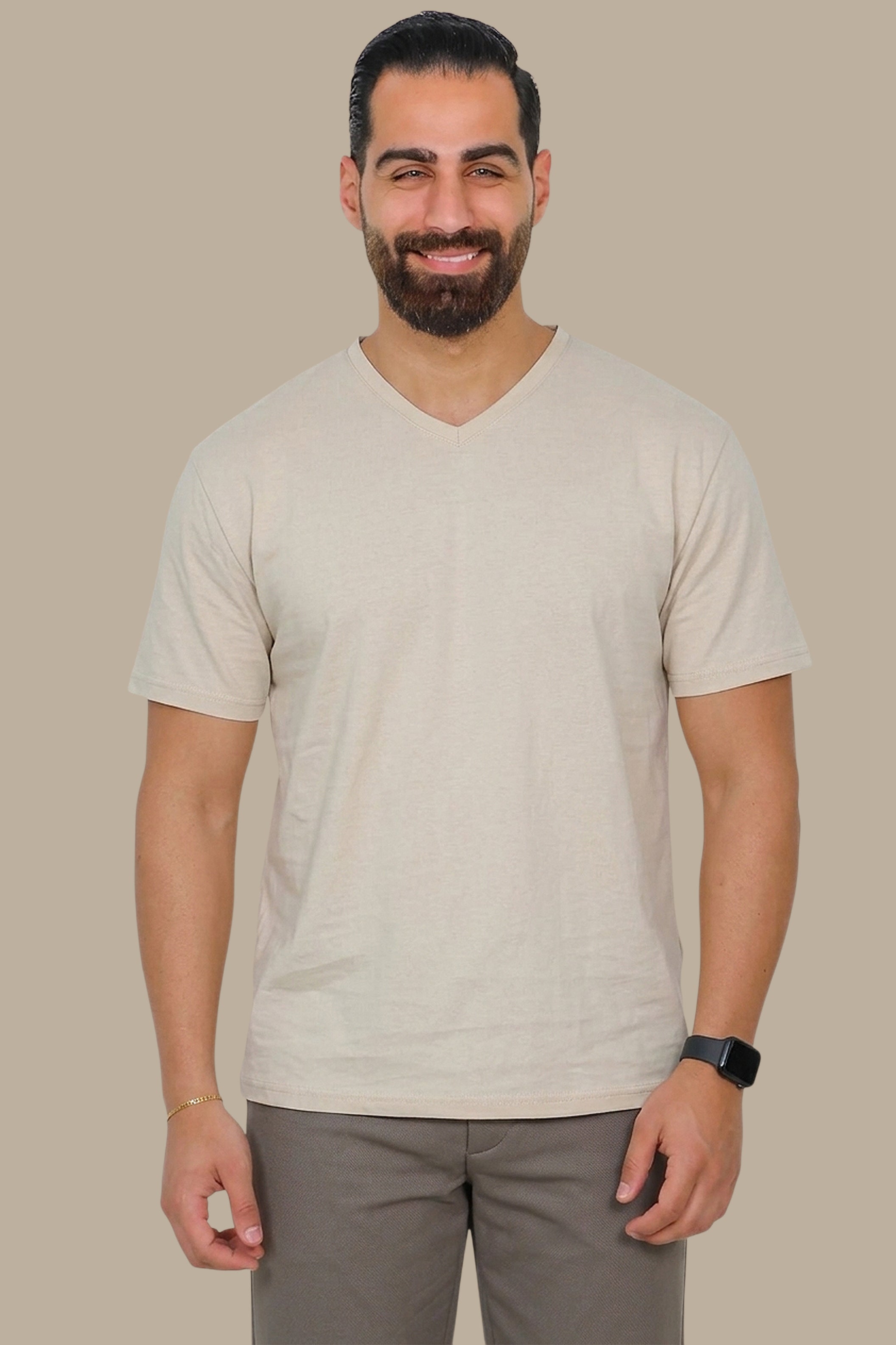 Light Beige V-Neck Short Sleeve T-Shirt