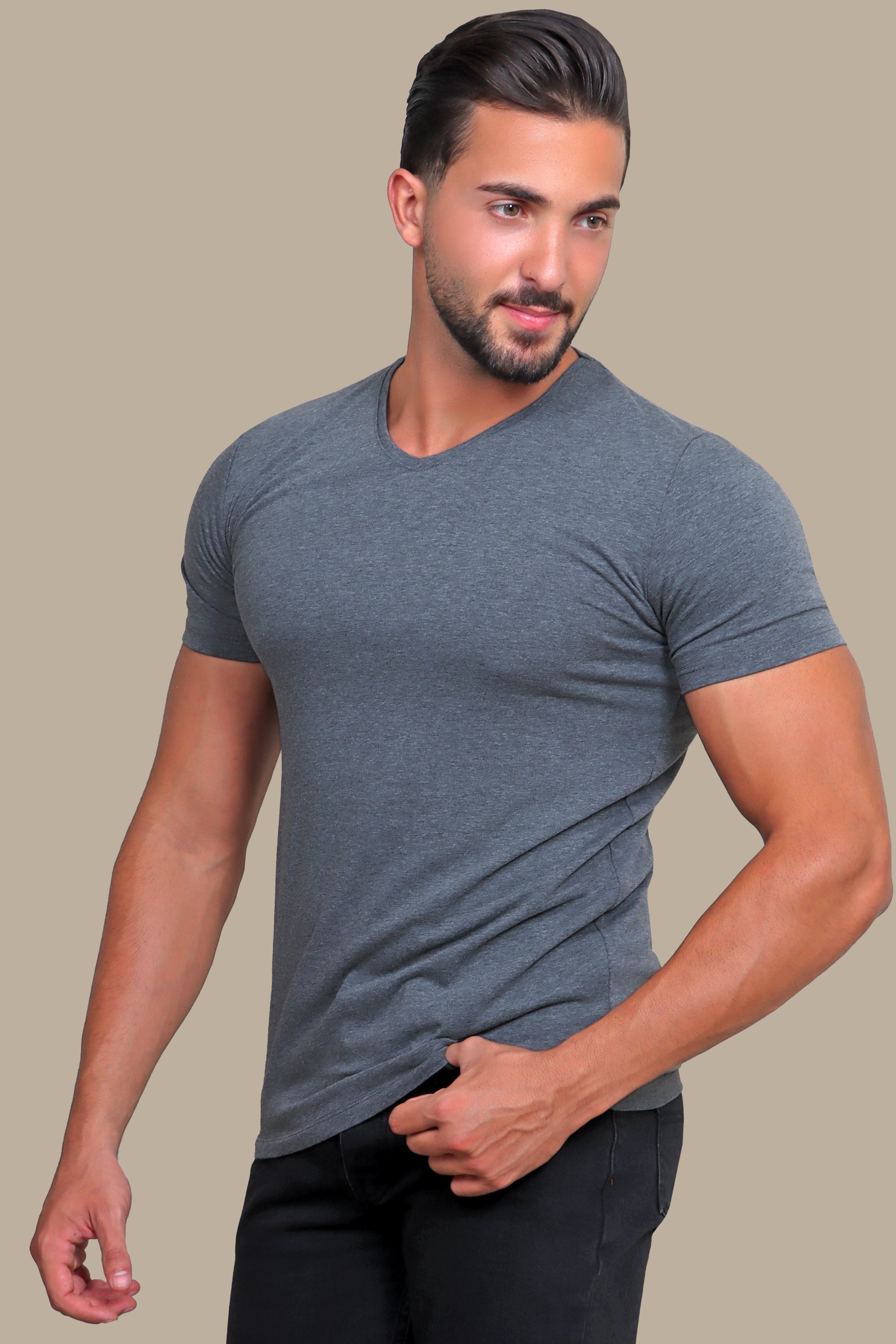 Urban Edge: Dark Grey Delight in Short Sleeve Basic V-Neck