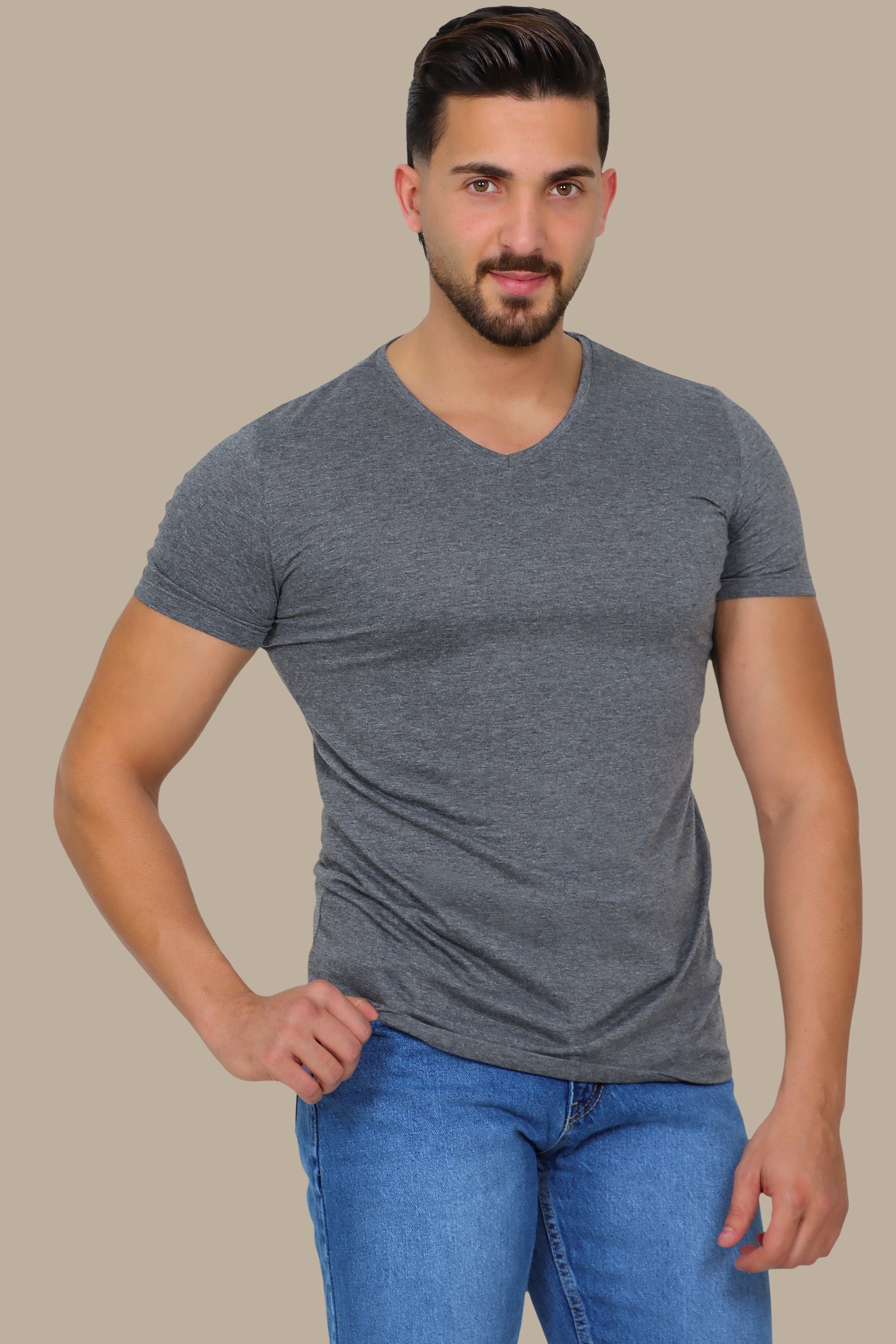 Urban Edge: Dark Grey Delight in Short Sleeve Basic V-Neck